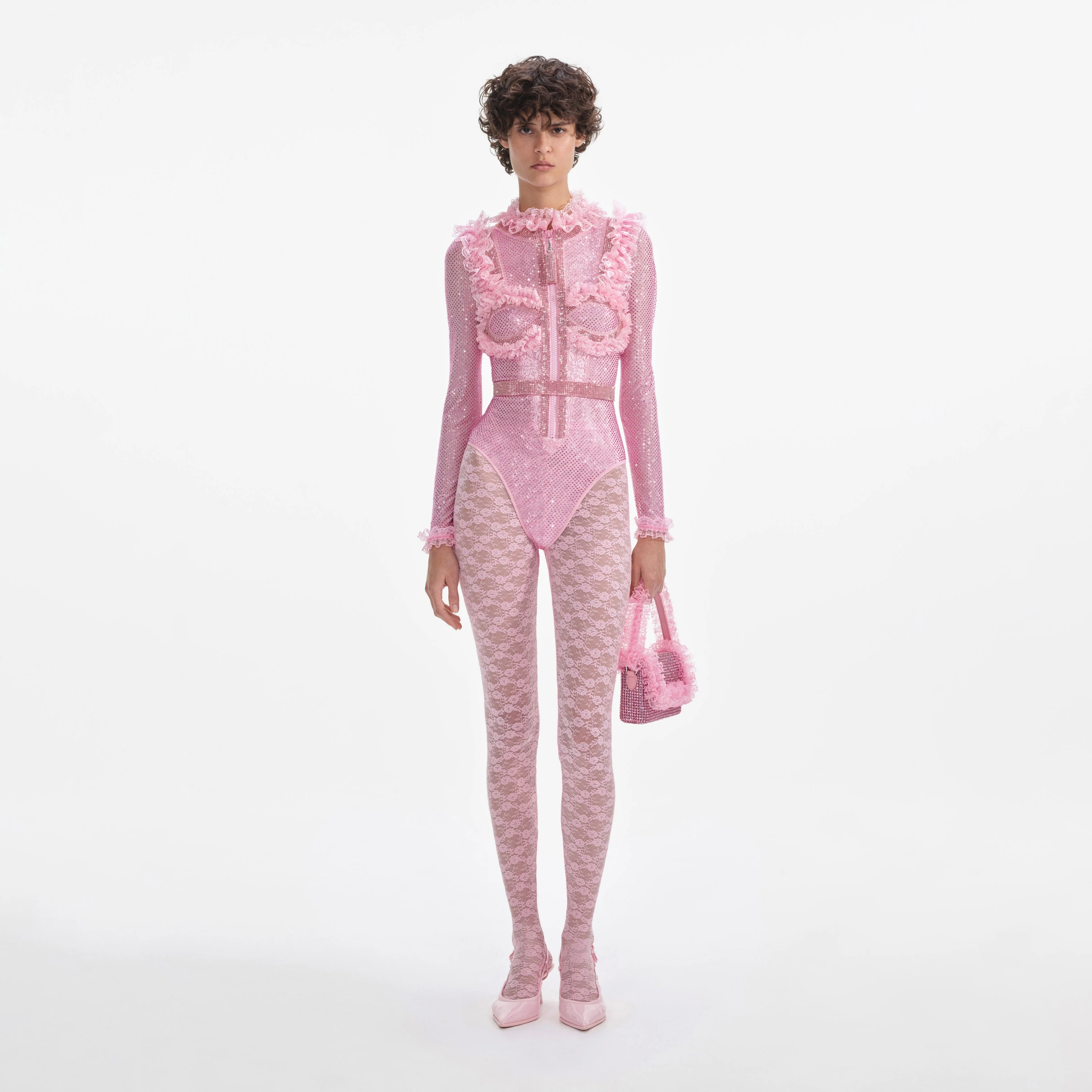 Pink Rhinestone Mesh Ruffle Bodysuit