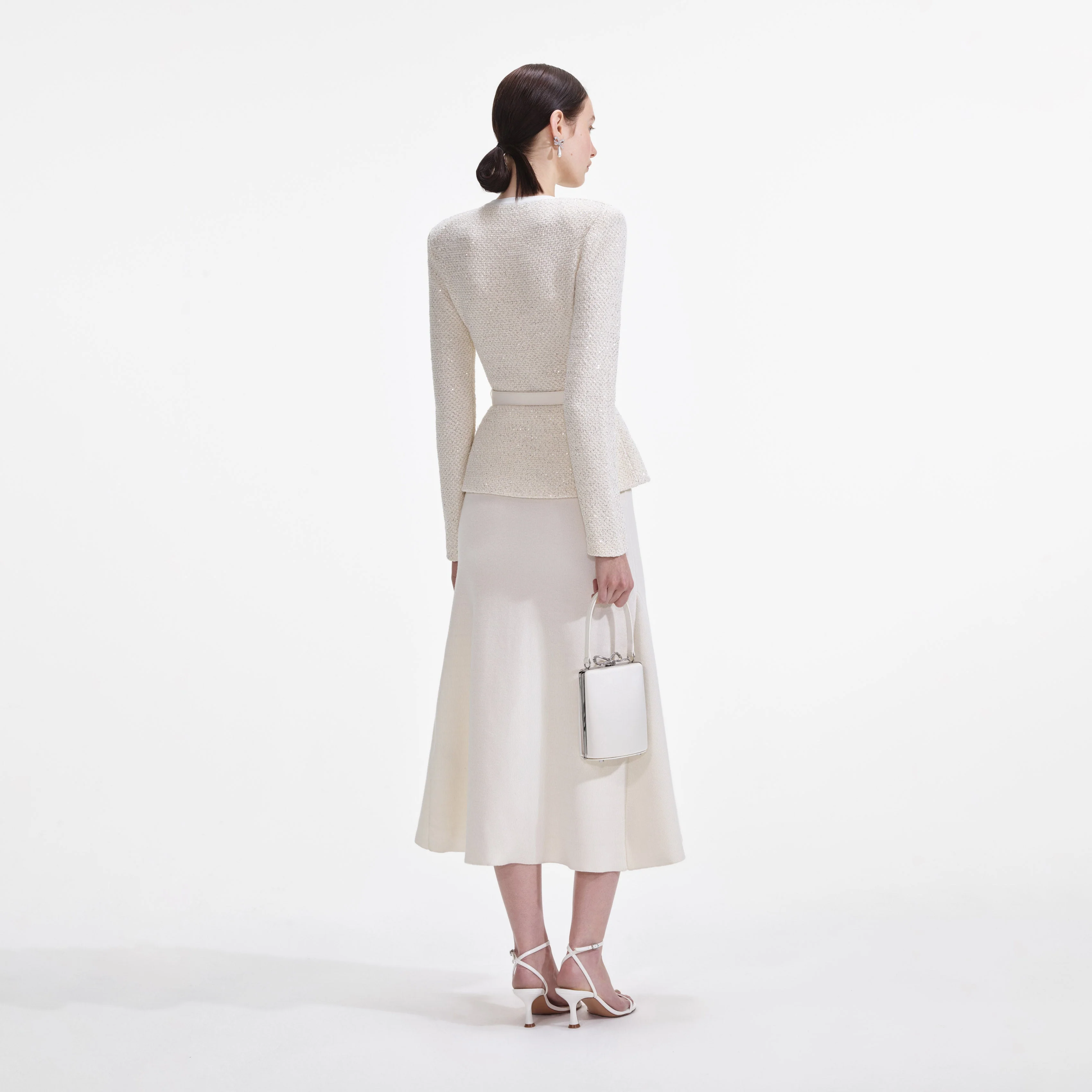 Cream Sequin Knit Tailored Midi Dress