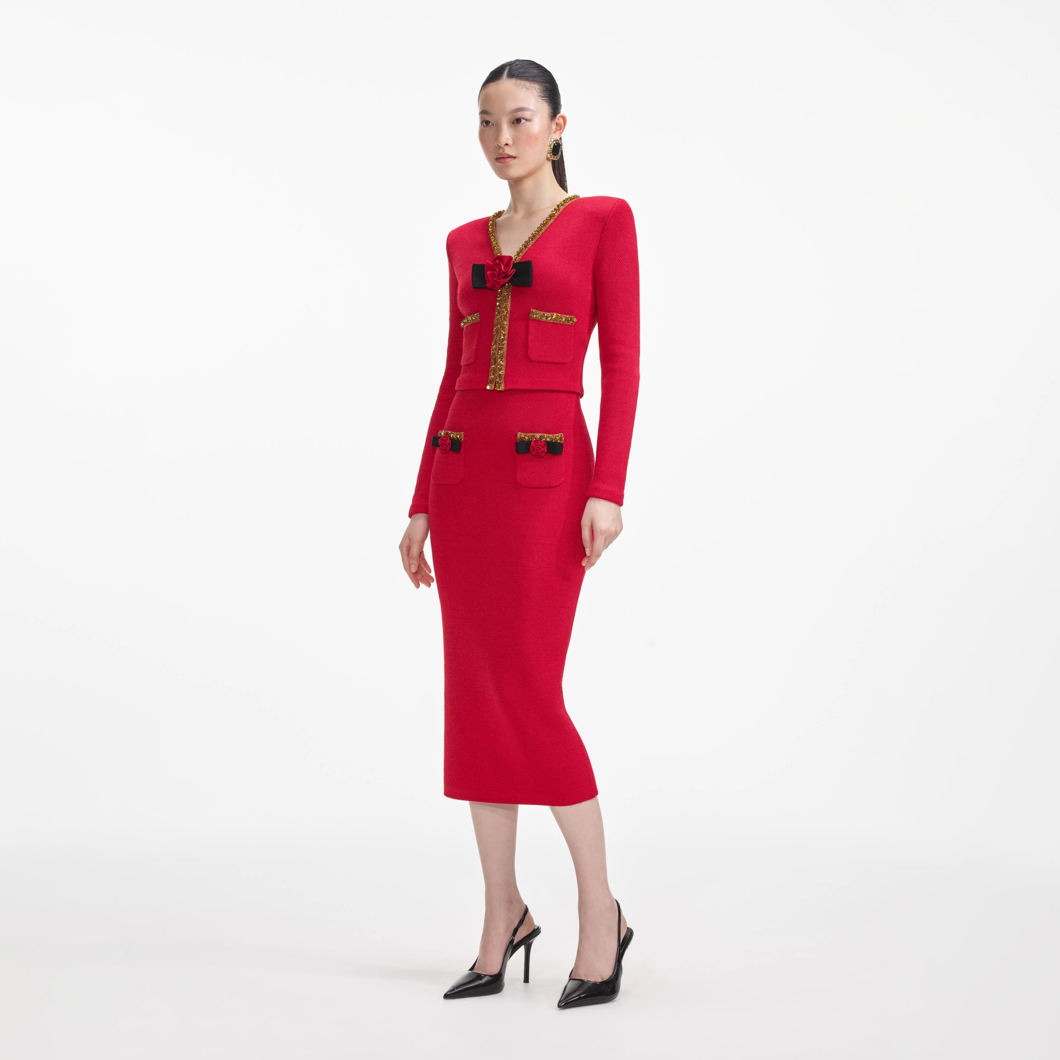 Red Textured Knit Corsage Cardigan