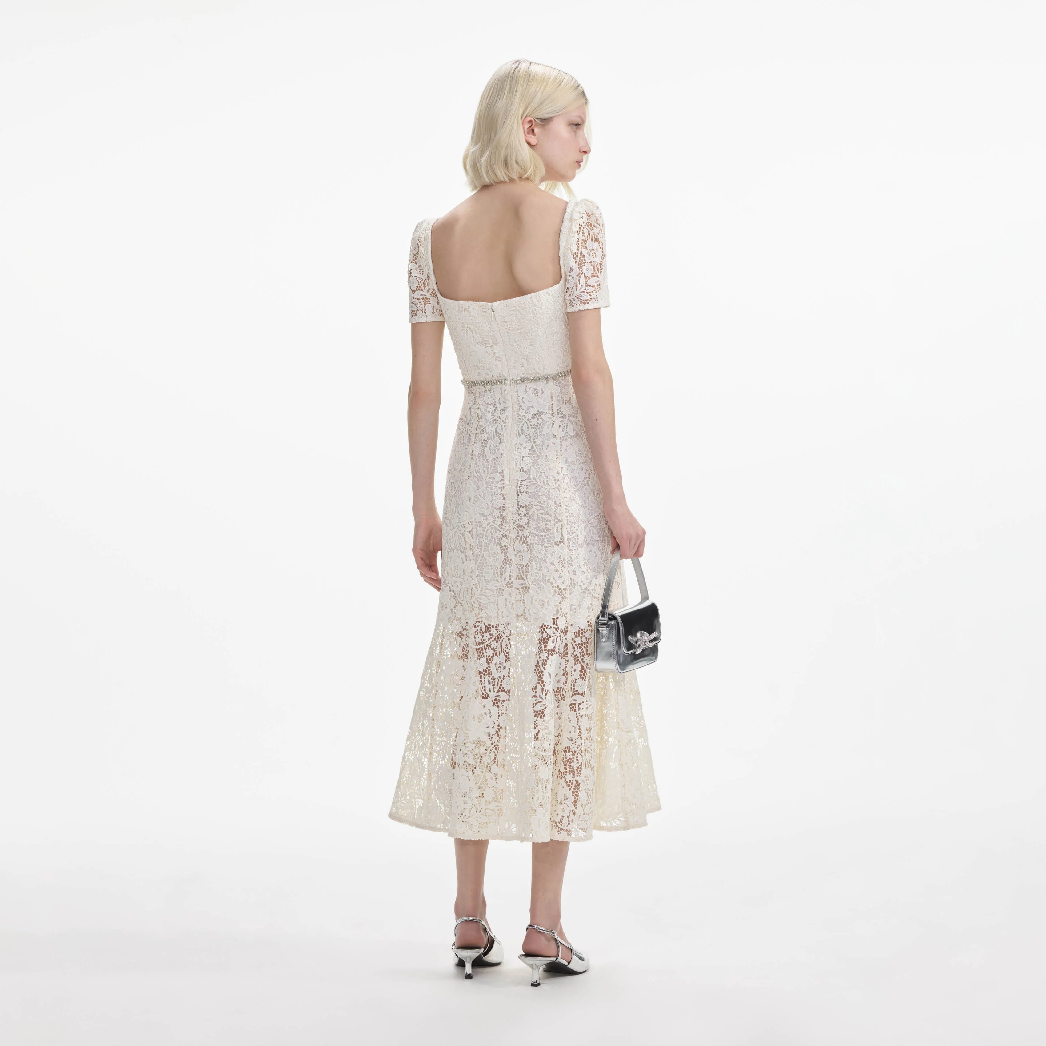 Cream Lace Diamante Bow Midi Dress