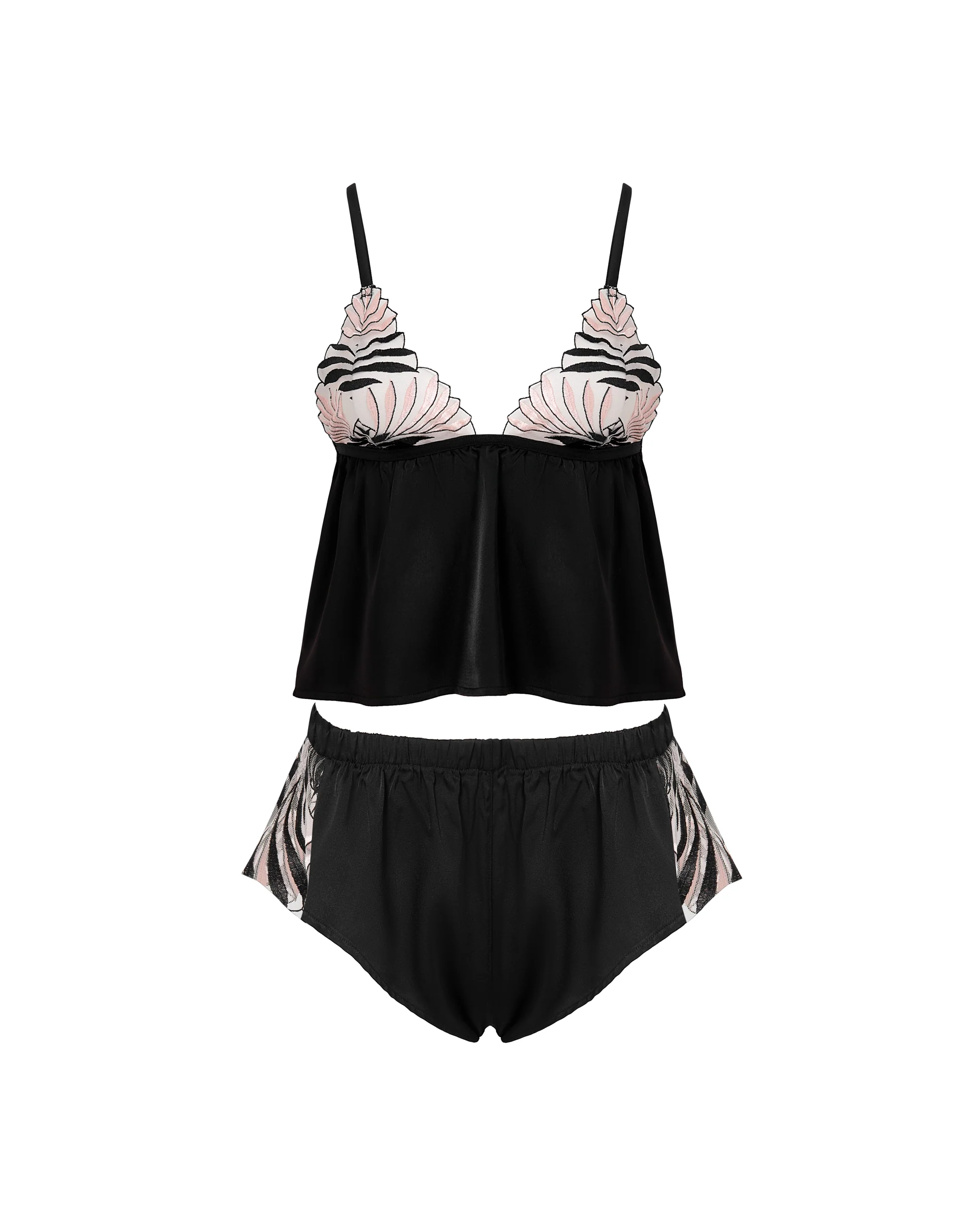 Katerine Luxury Satin Cami and Short Set Black/Pearl/Sheer