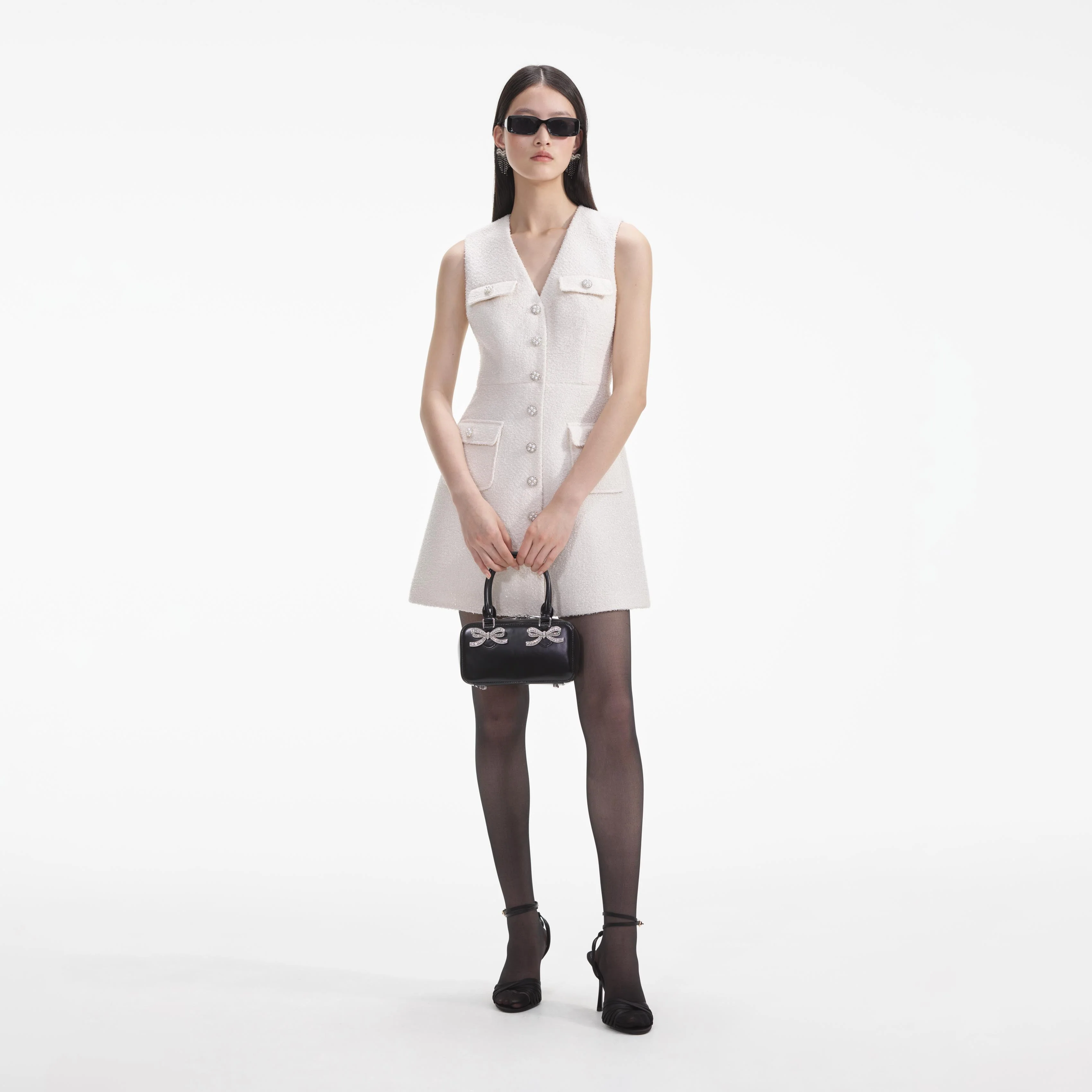 Cream Tinsel Boucle Buttoned Mini Dress