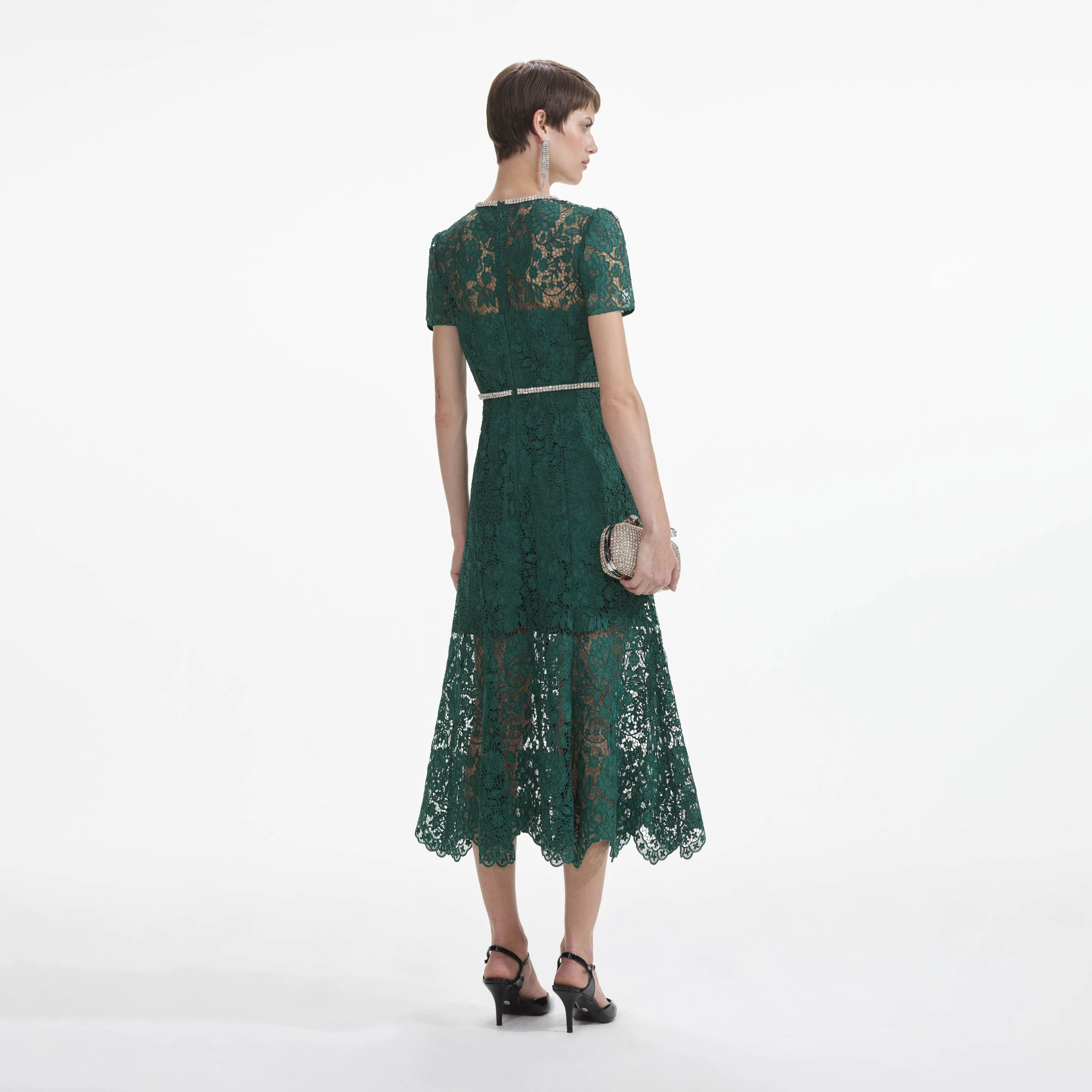 Green Lace Diamante Bow Midi Dress