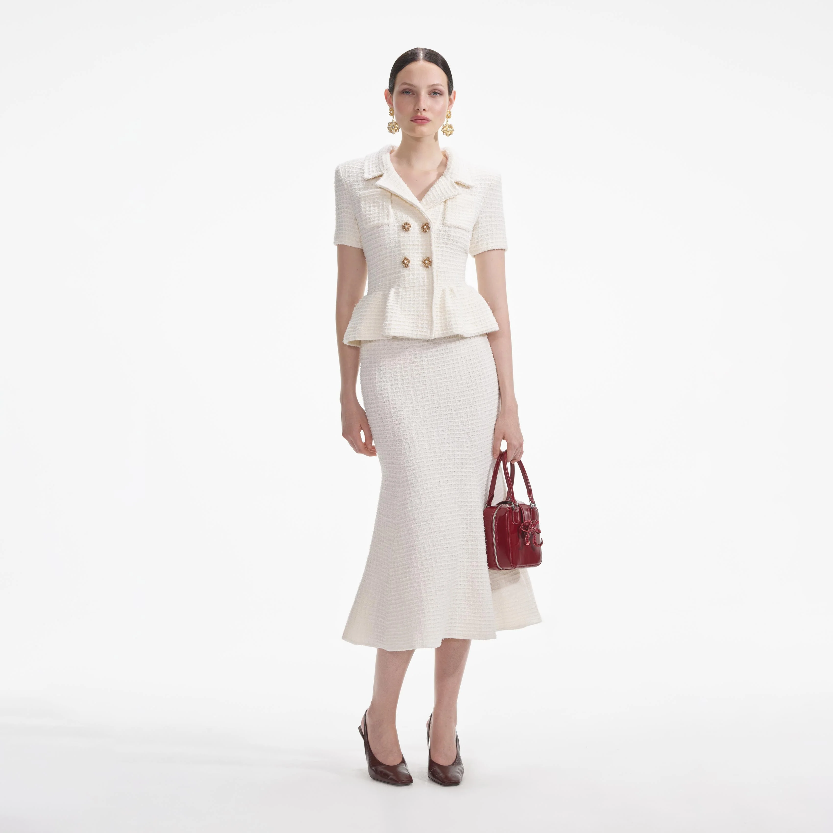 Cream Textured Knit Midi Dress