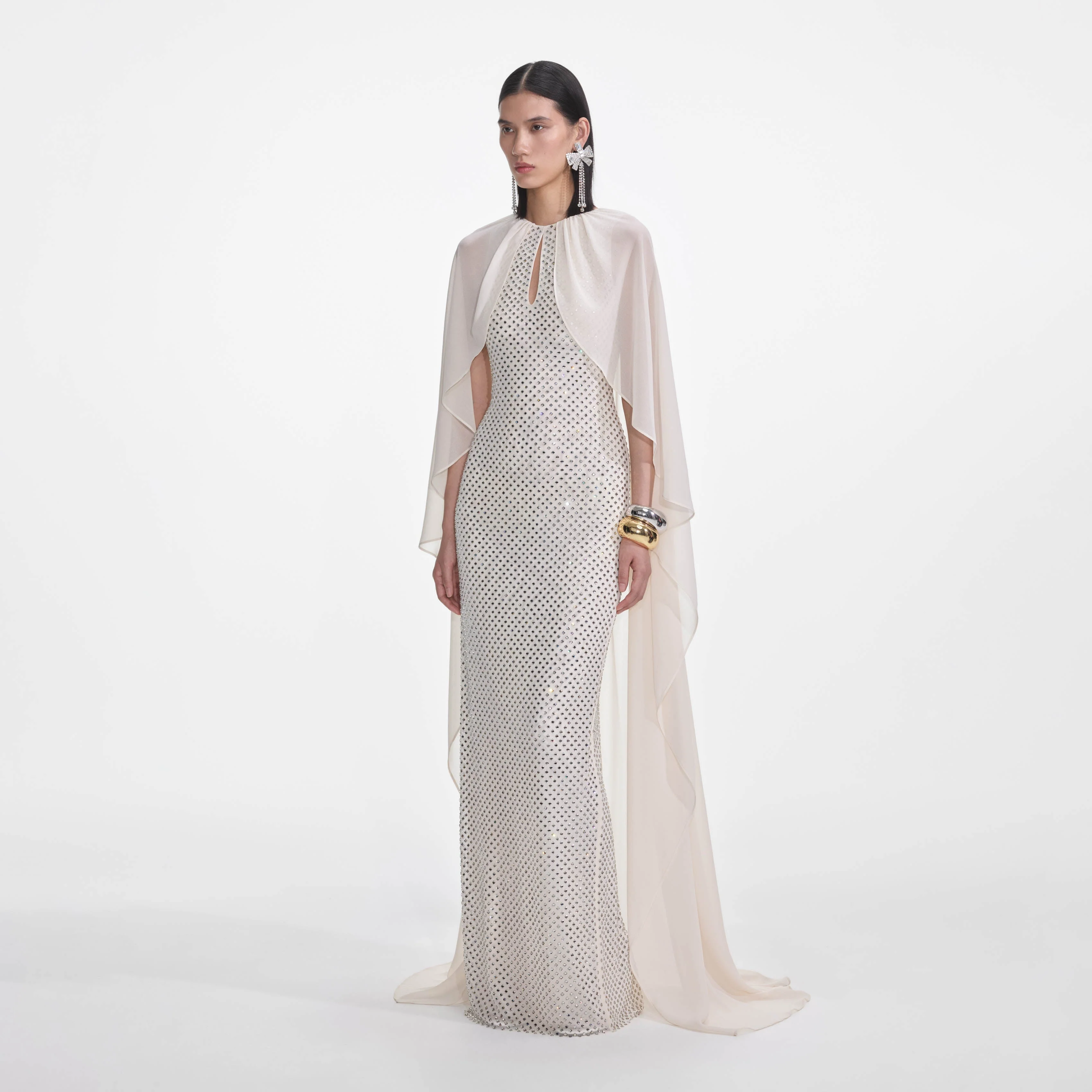 Cream Rhinestone Cape Maxi Dress