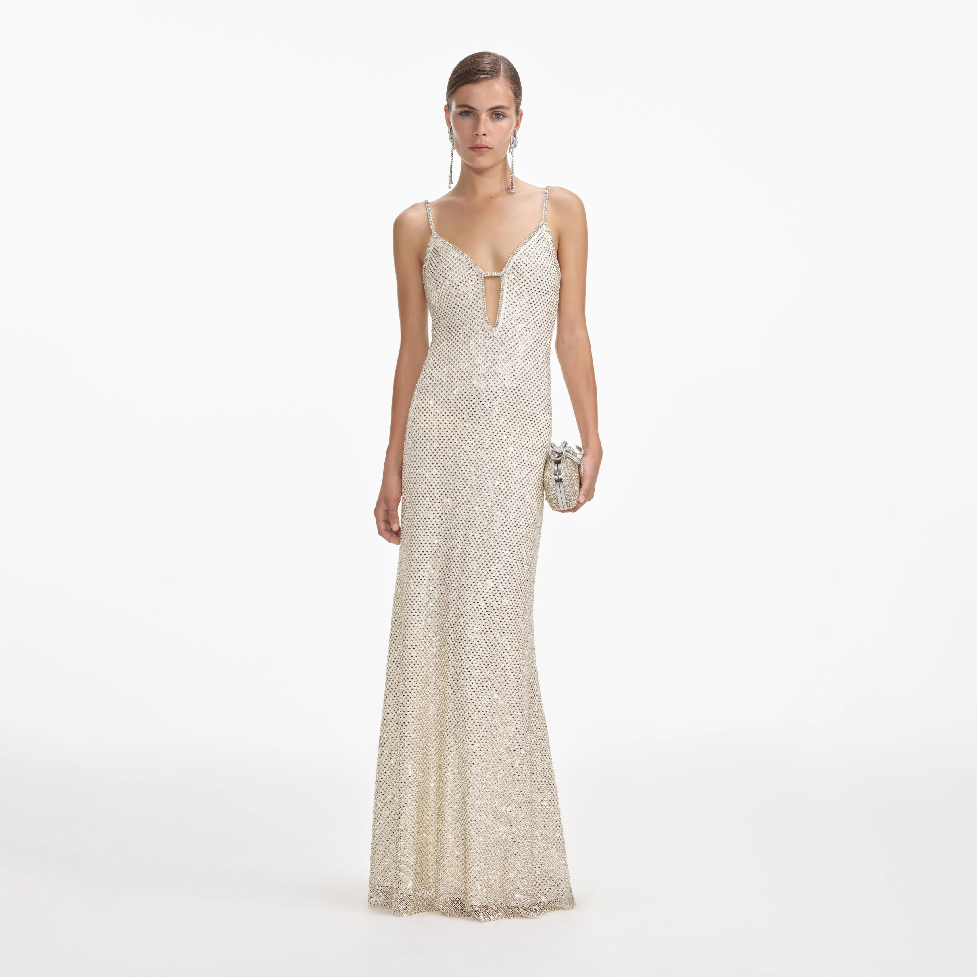 Cream Square Rhinestone Fishnet Maxi Dress