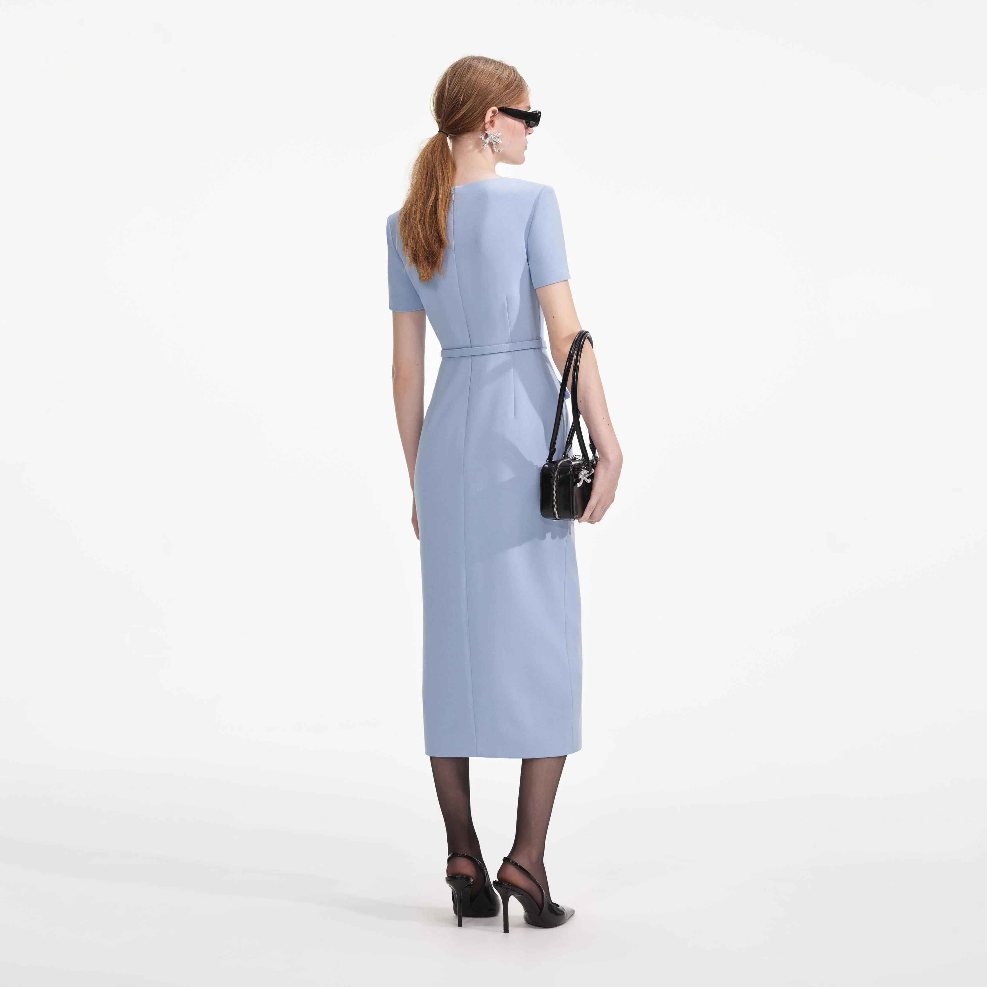 Blue Crepe Button Midi Dress