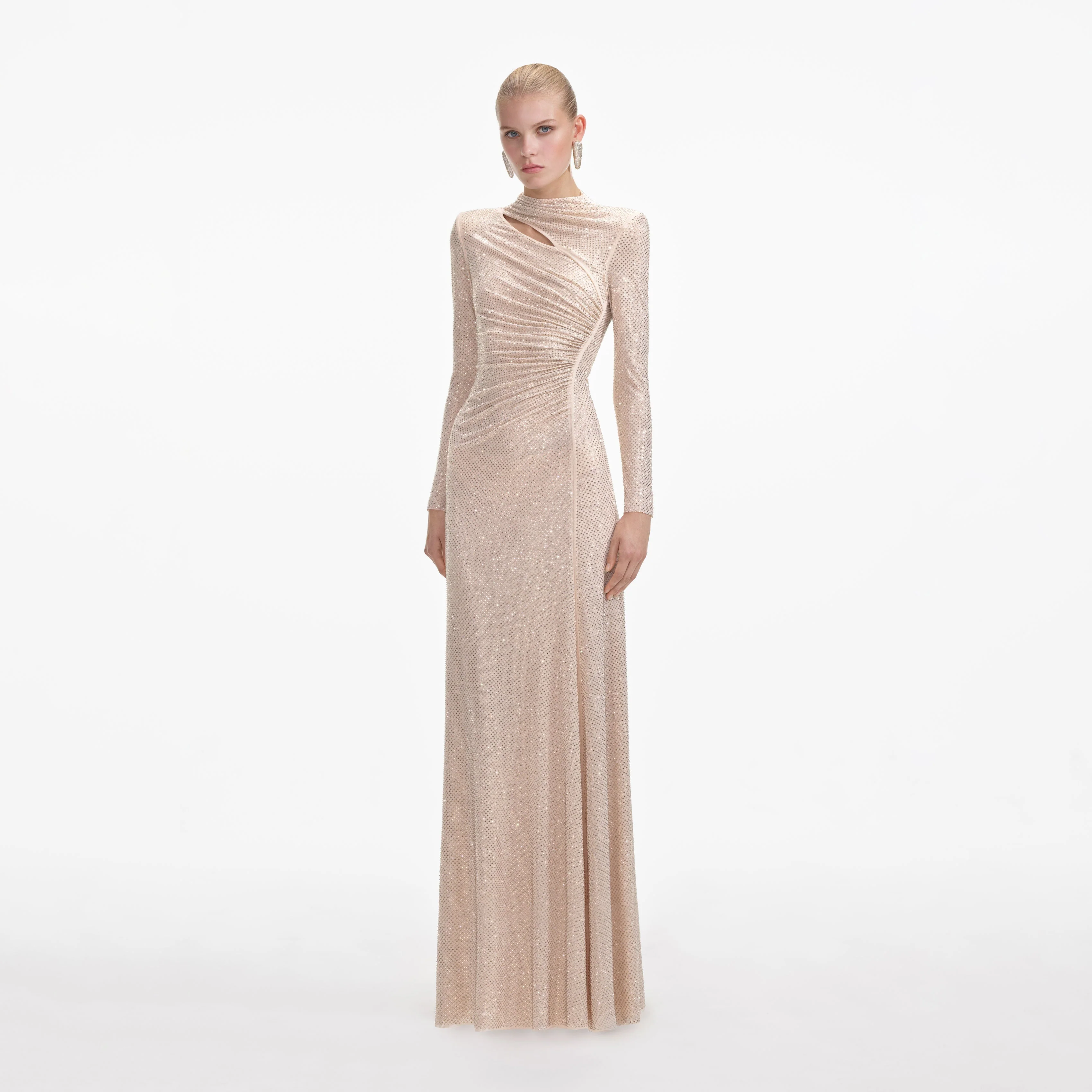 Gold Rhinestone Mesh Cut Out Maxi Dress