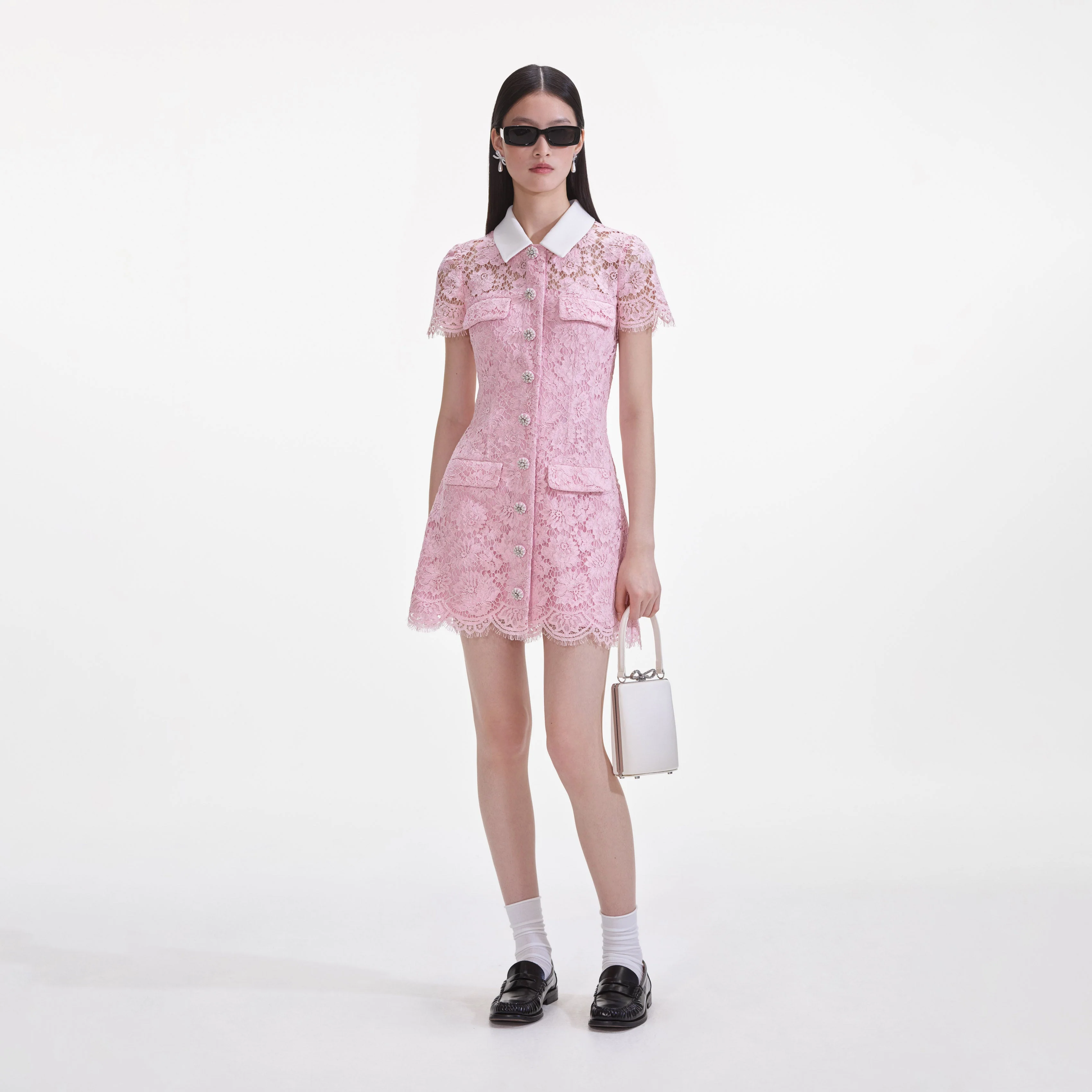 Pink Lace Collared Mini Dress