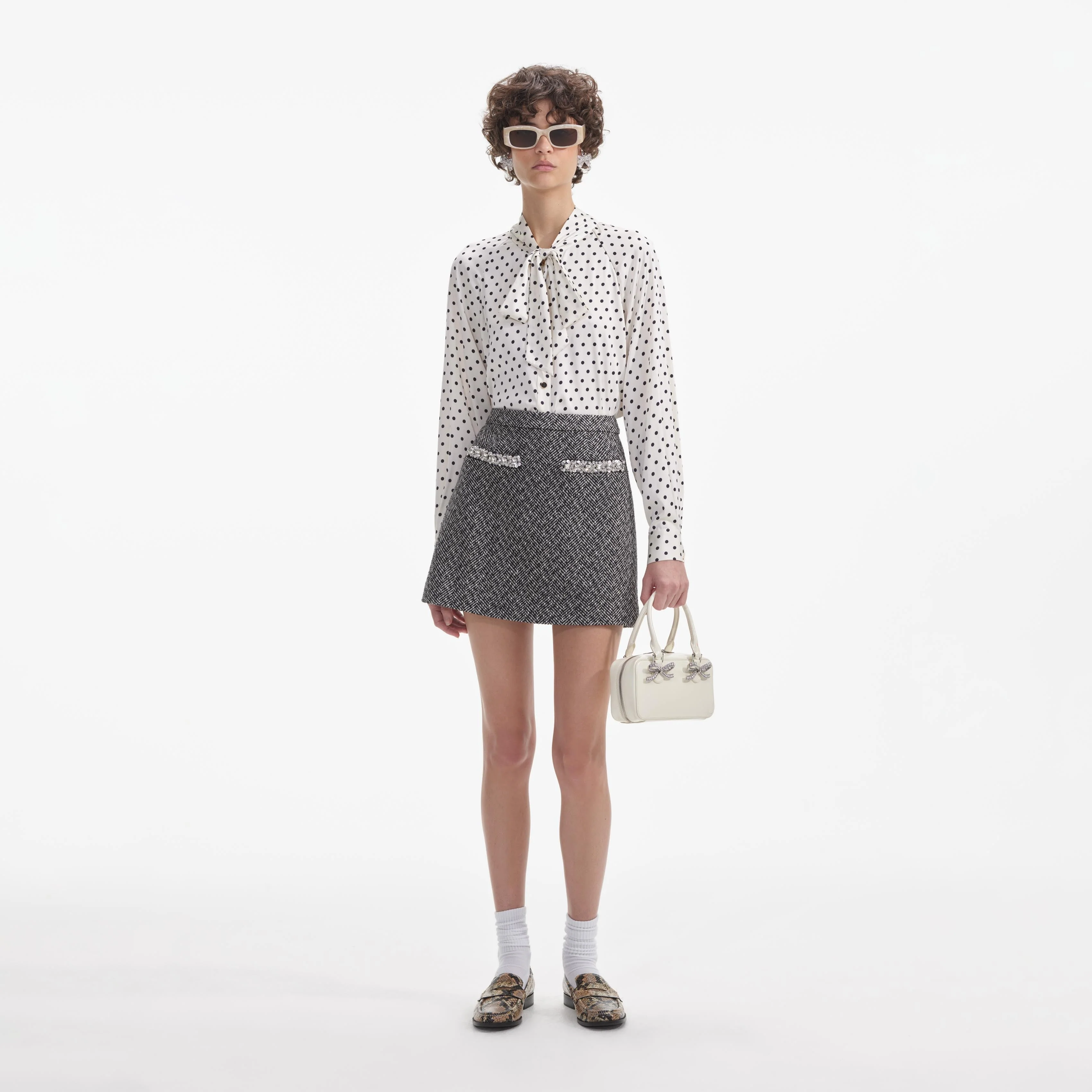 Black Herringbone Mini Skirt