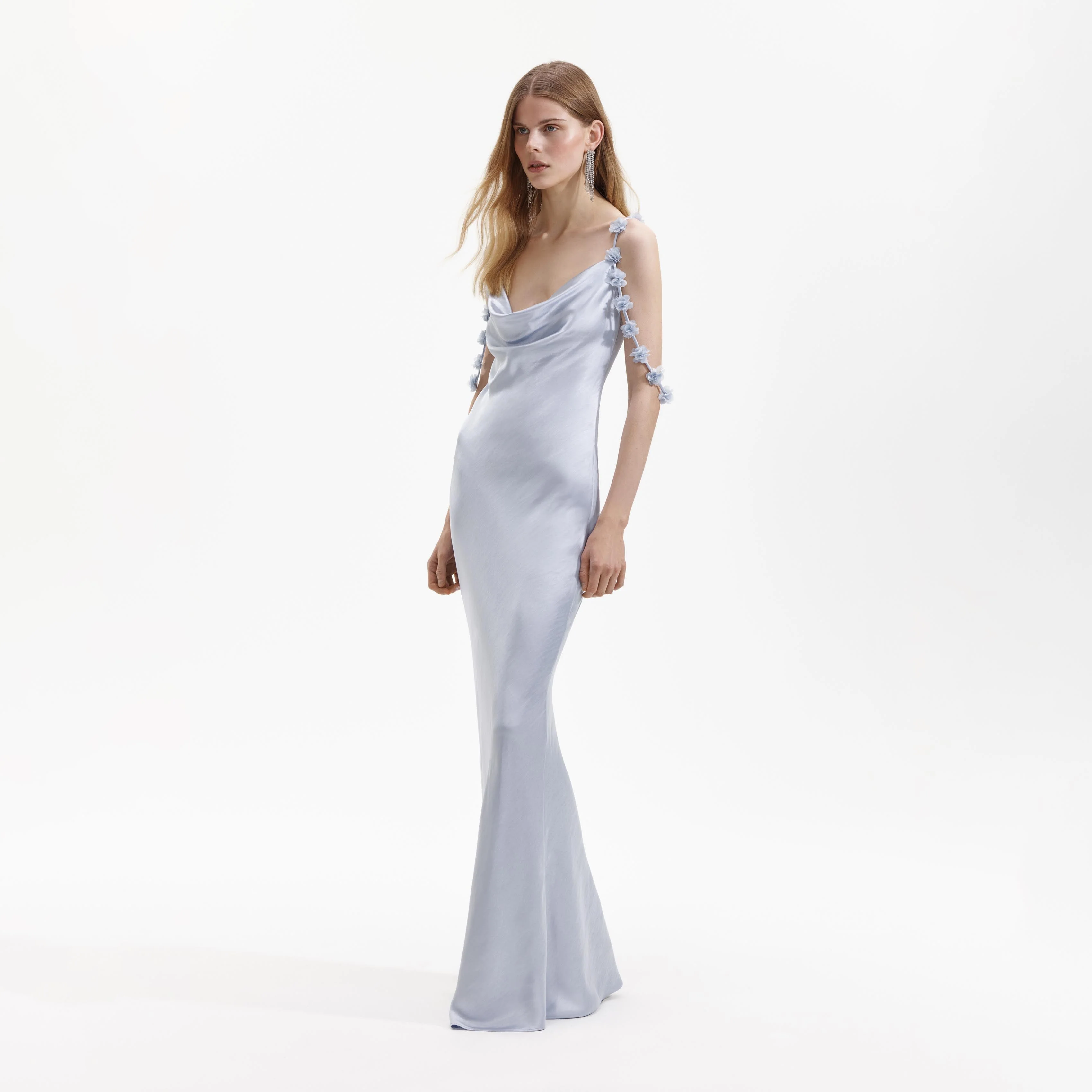 Blue Satin Flower Maxi Dress