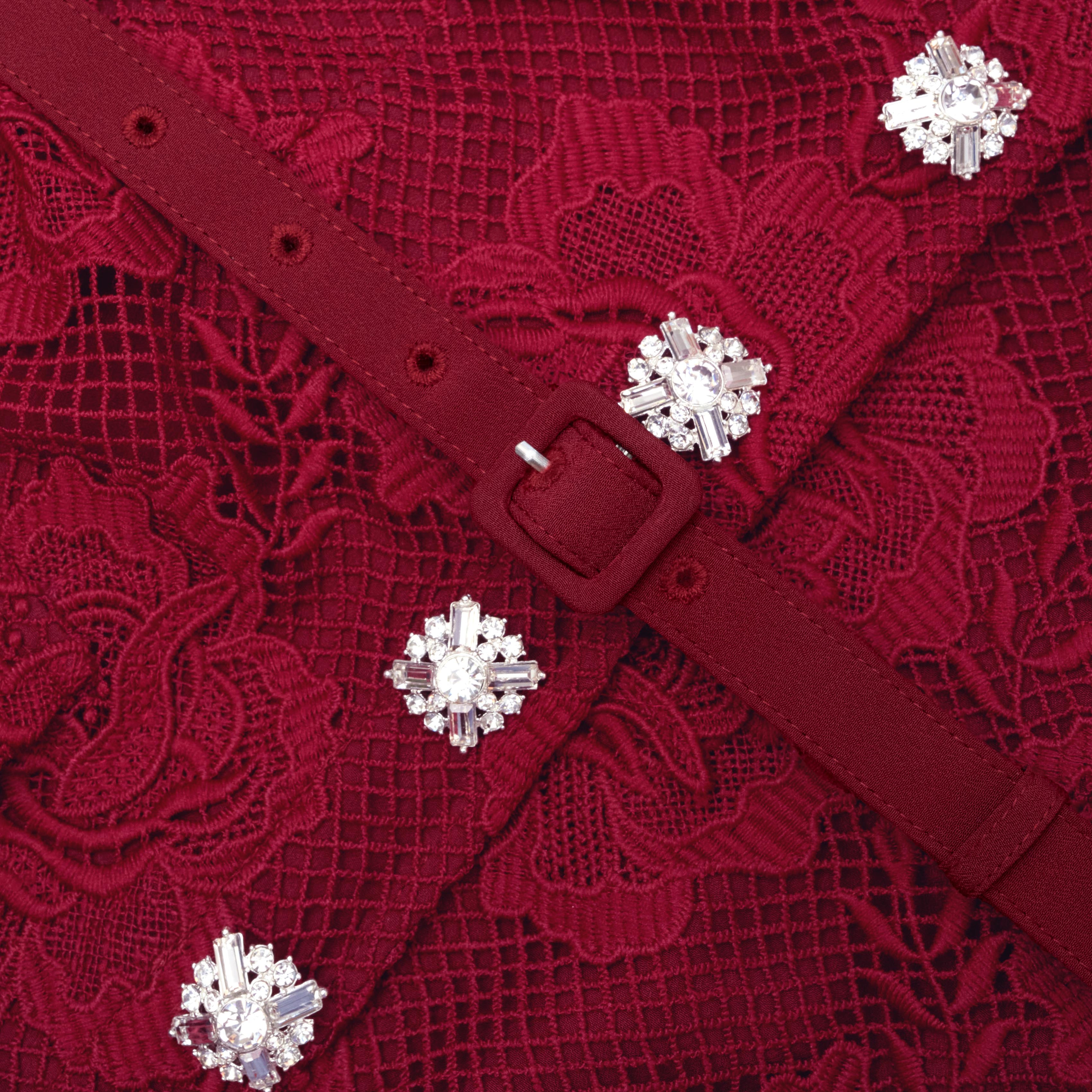 Burgundy Lace Buttoned Midi Dress