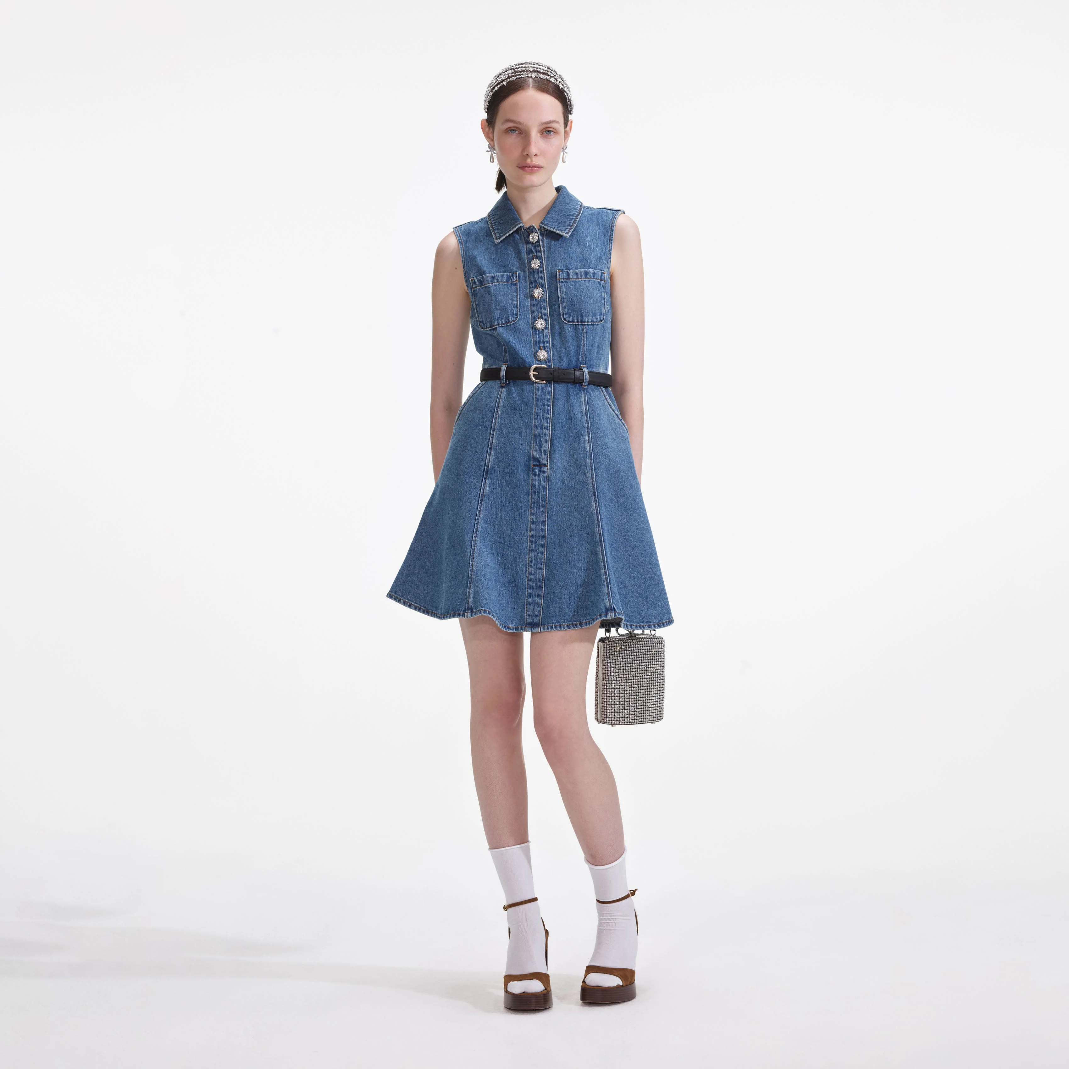 Denim Sleeveless Pearl Mini Dress