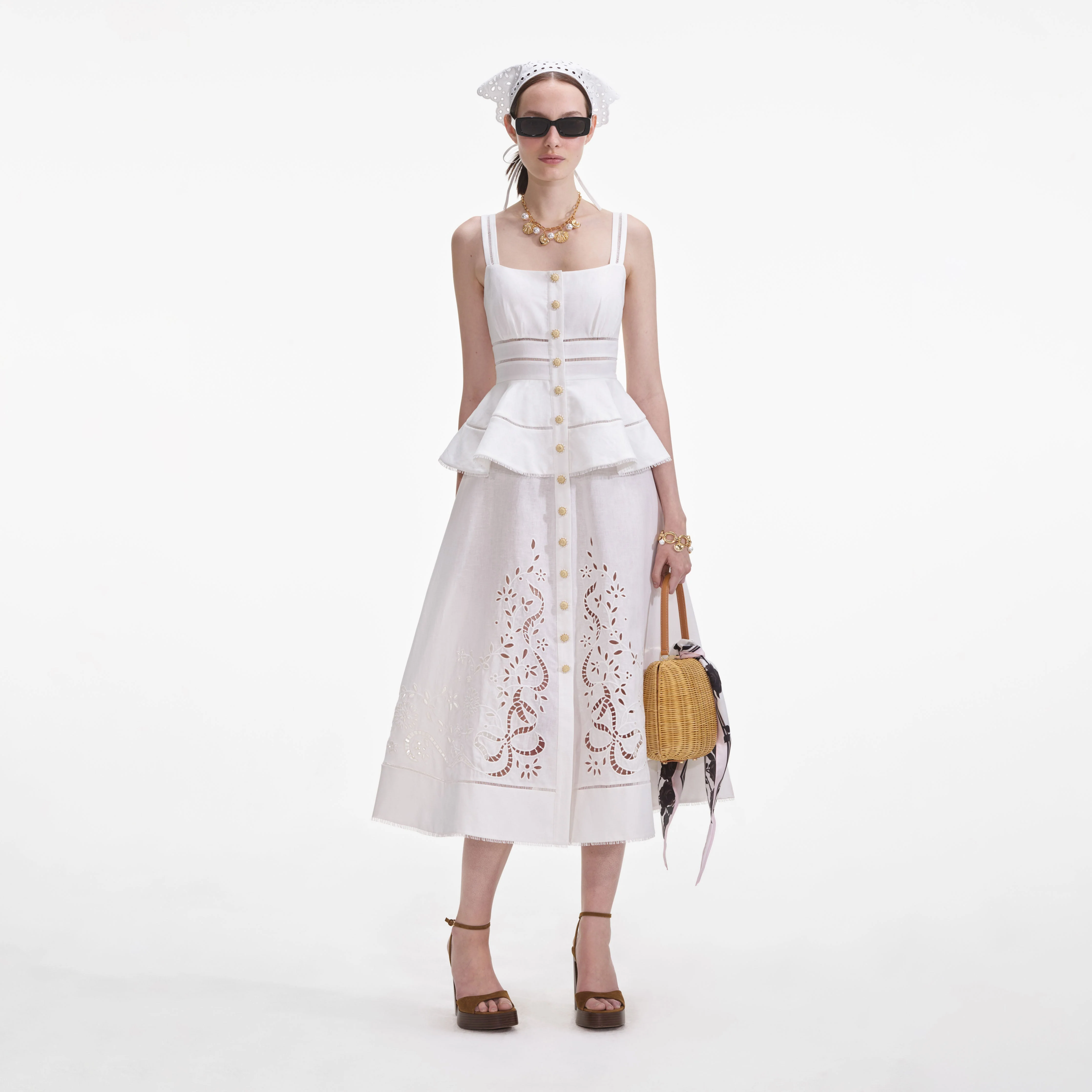 Cream Linen Peplum Midi Dress