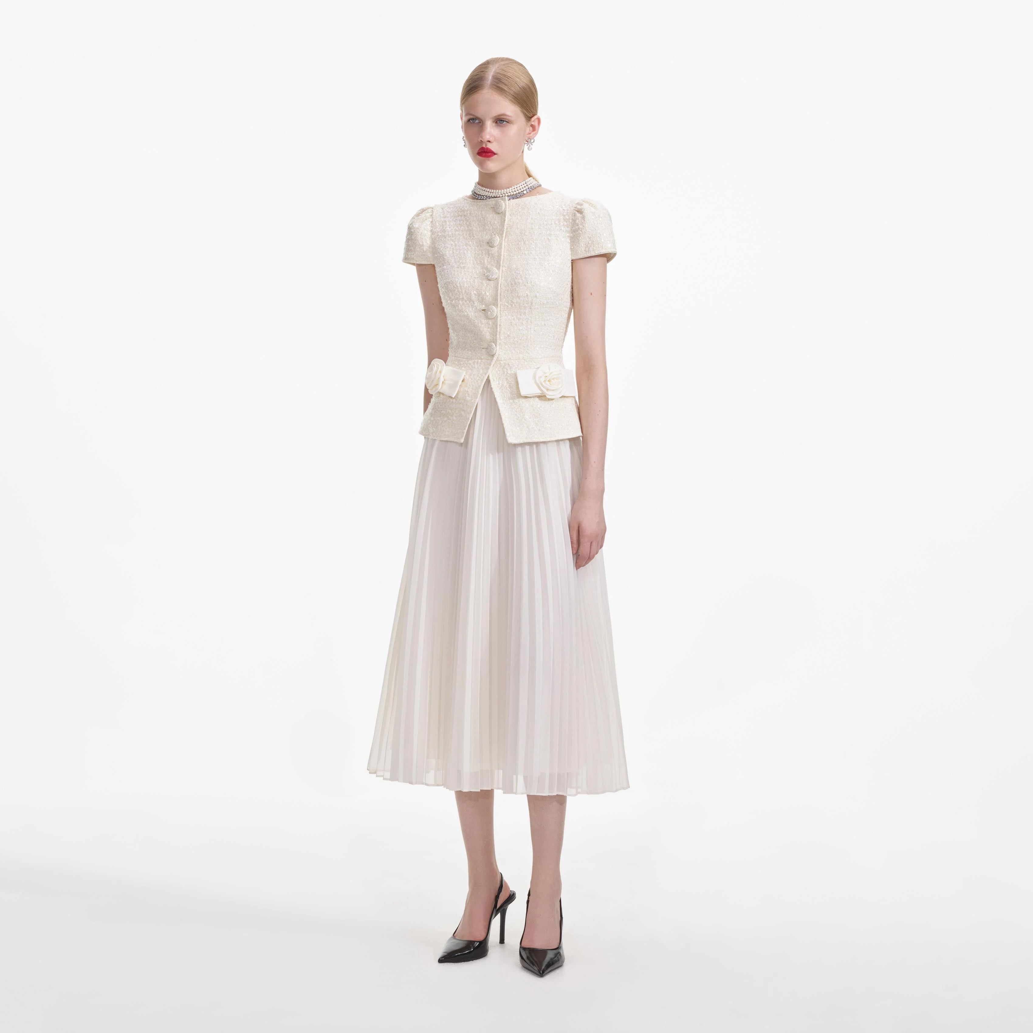 Cream Boucle Bow Detail Midi Dress