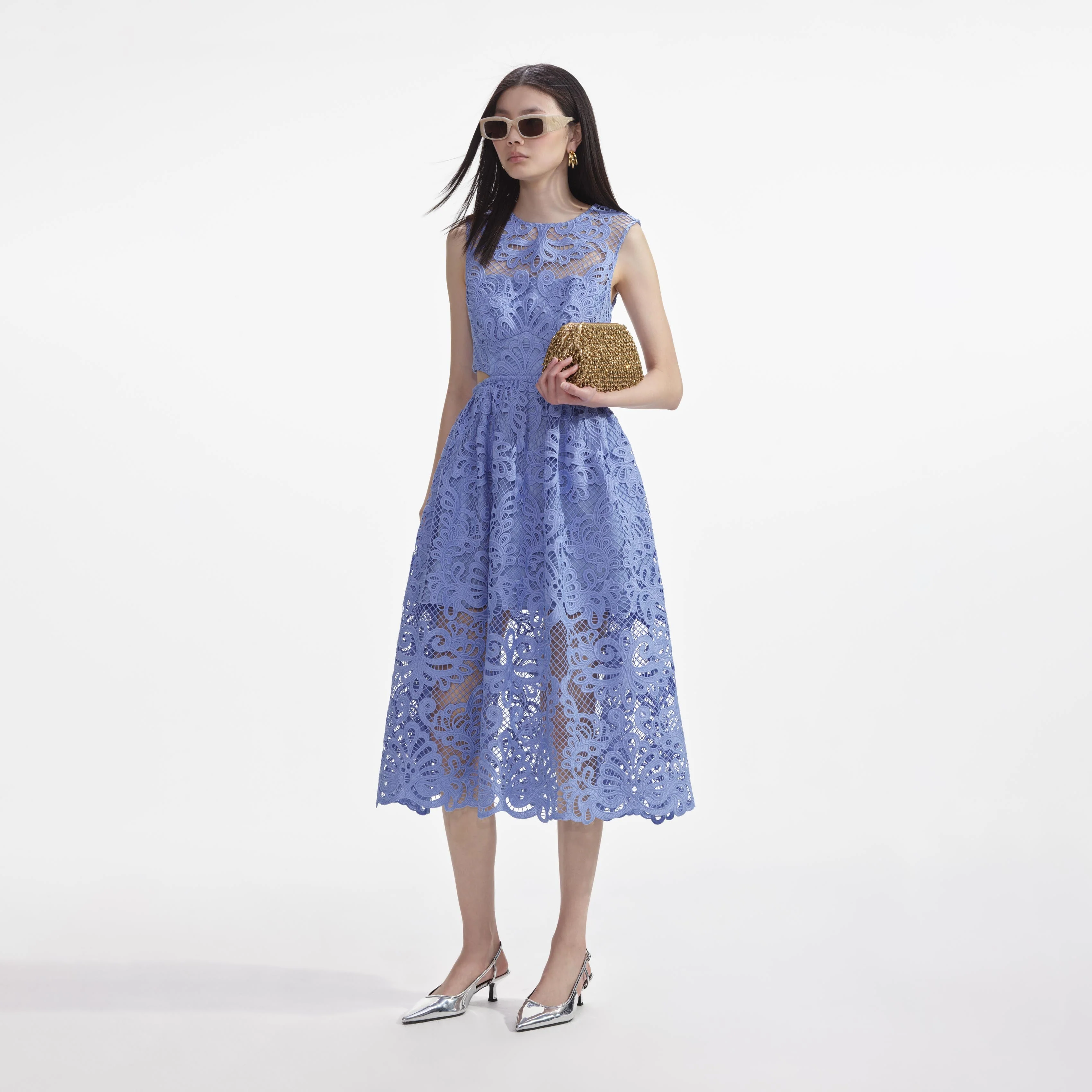 Blue Lace Cut Out Midi Dress