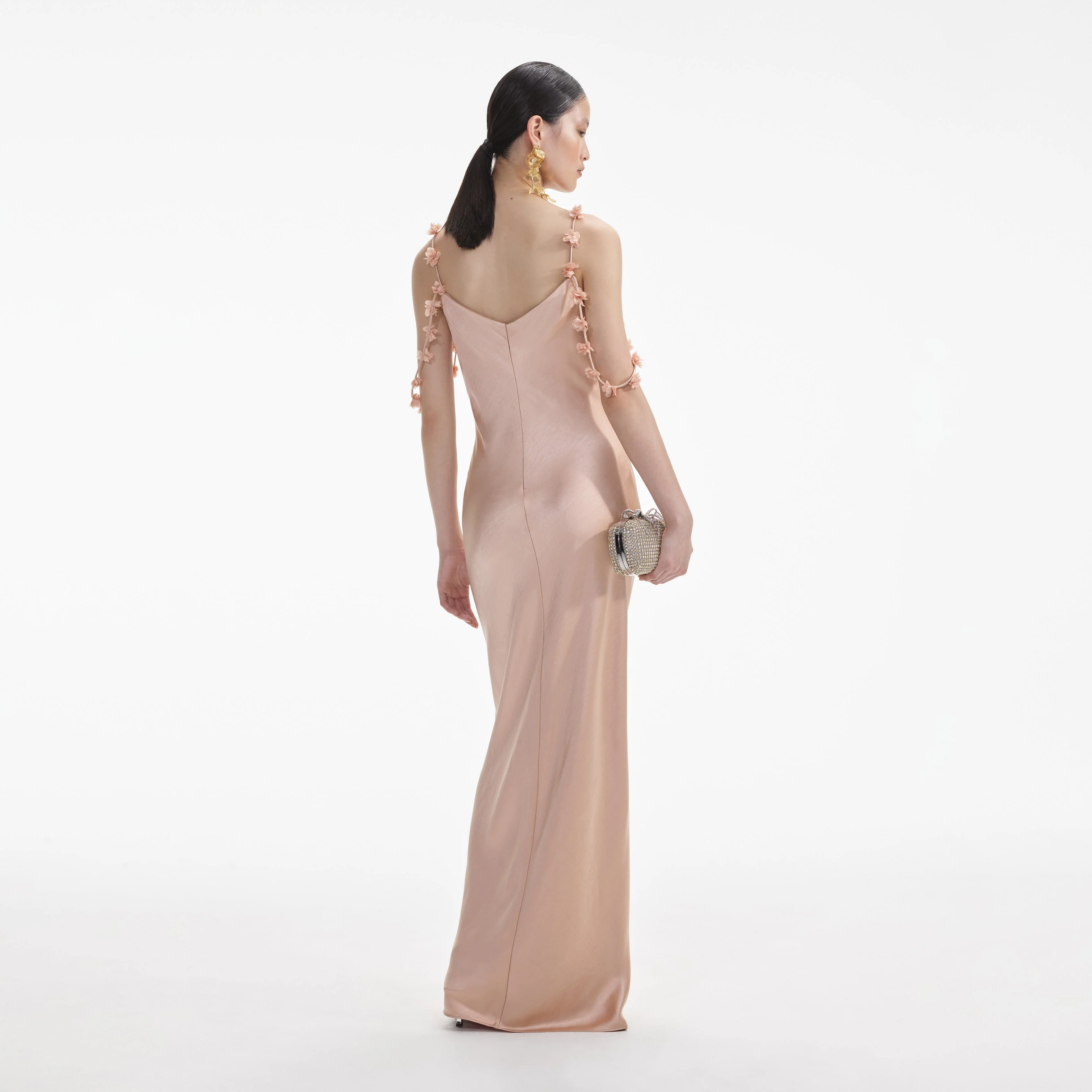 Rose Gold Satin Flower Maxi Dress