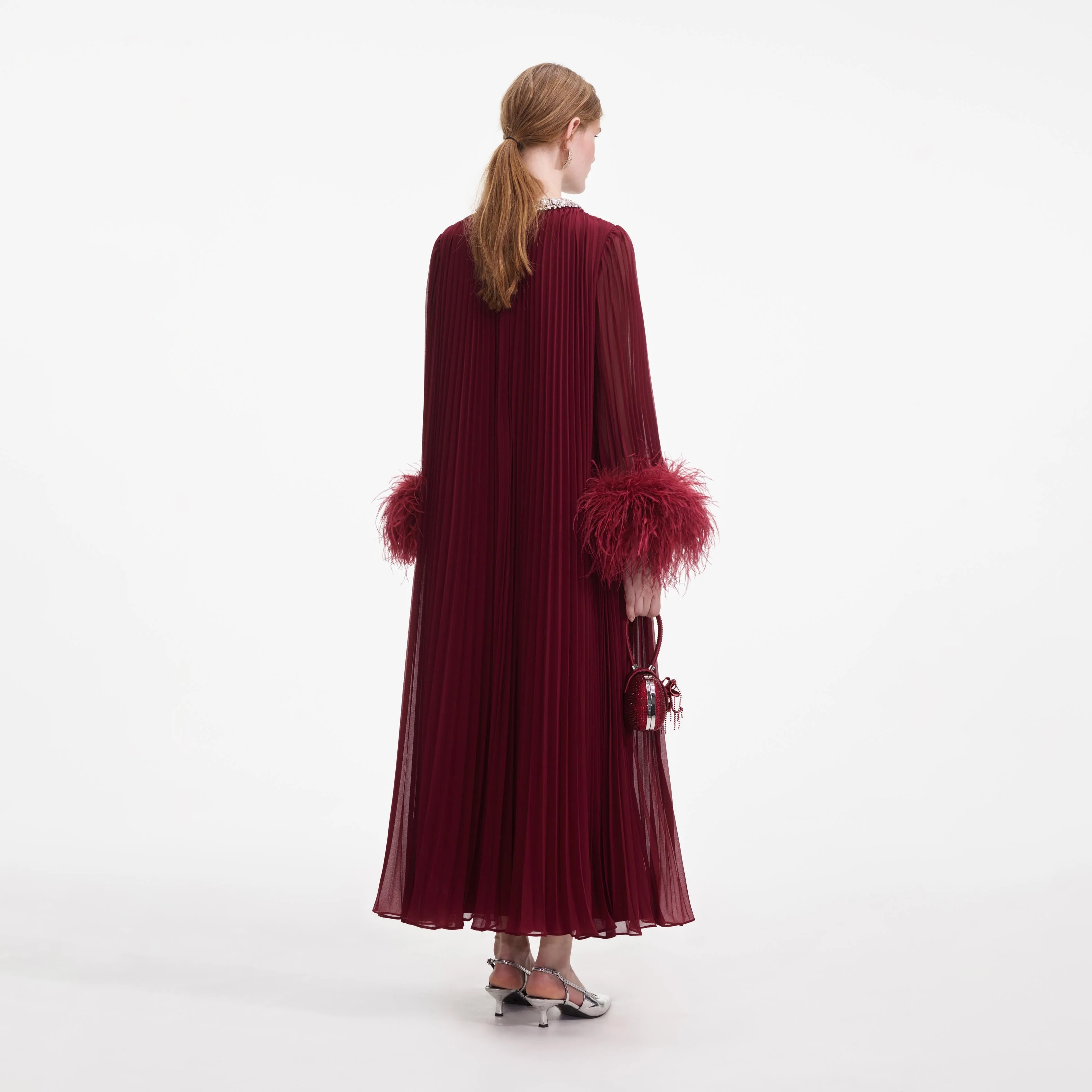 Burgundy Chiffon Feather Midi Dress
