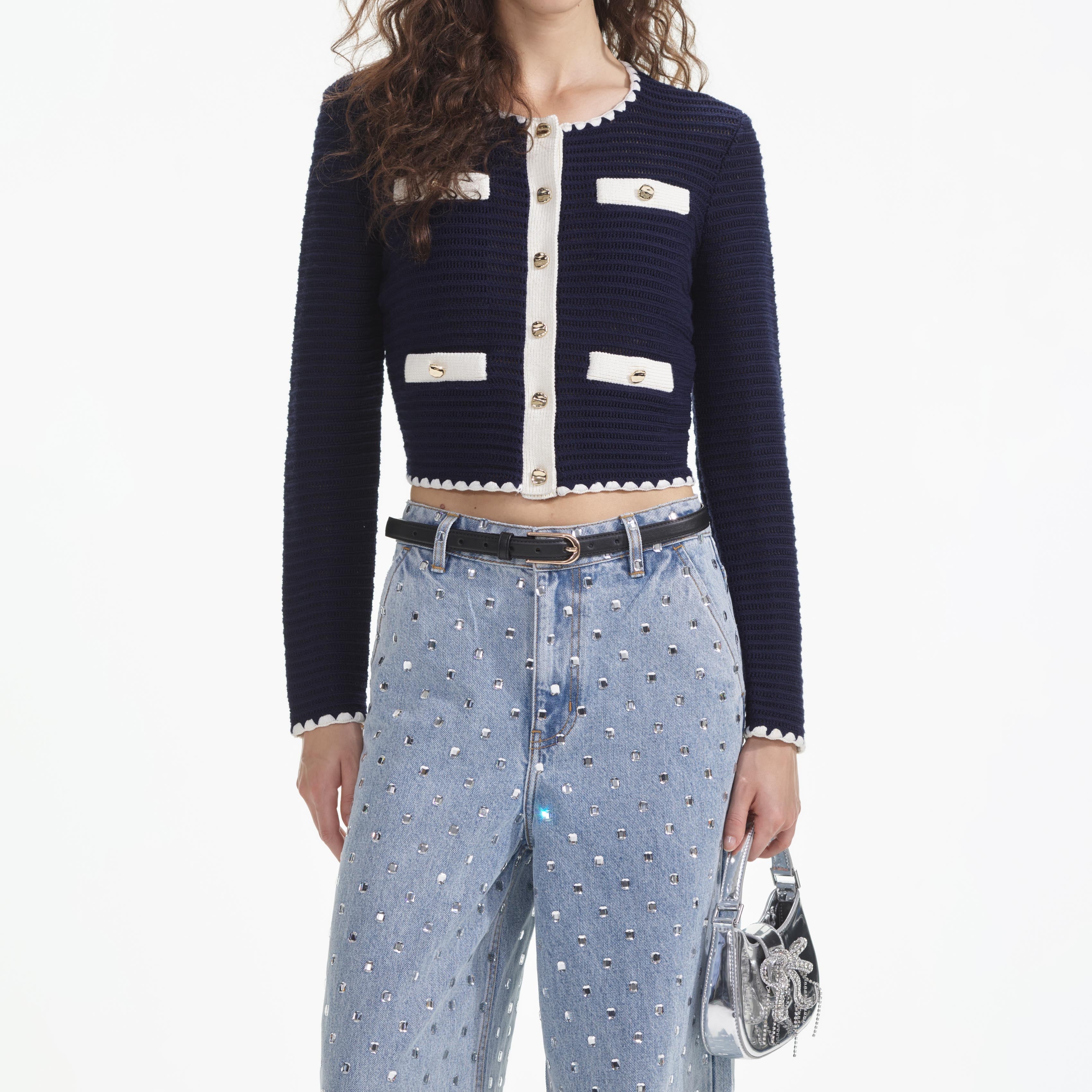 Navy Crochet Contrast Trim Cardigan