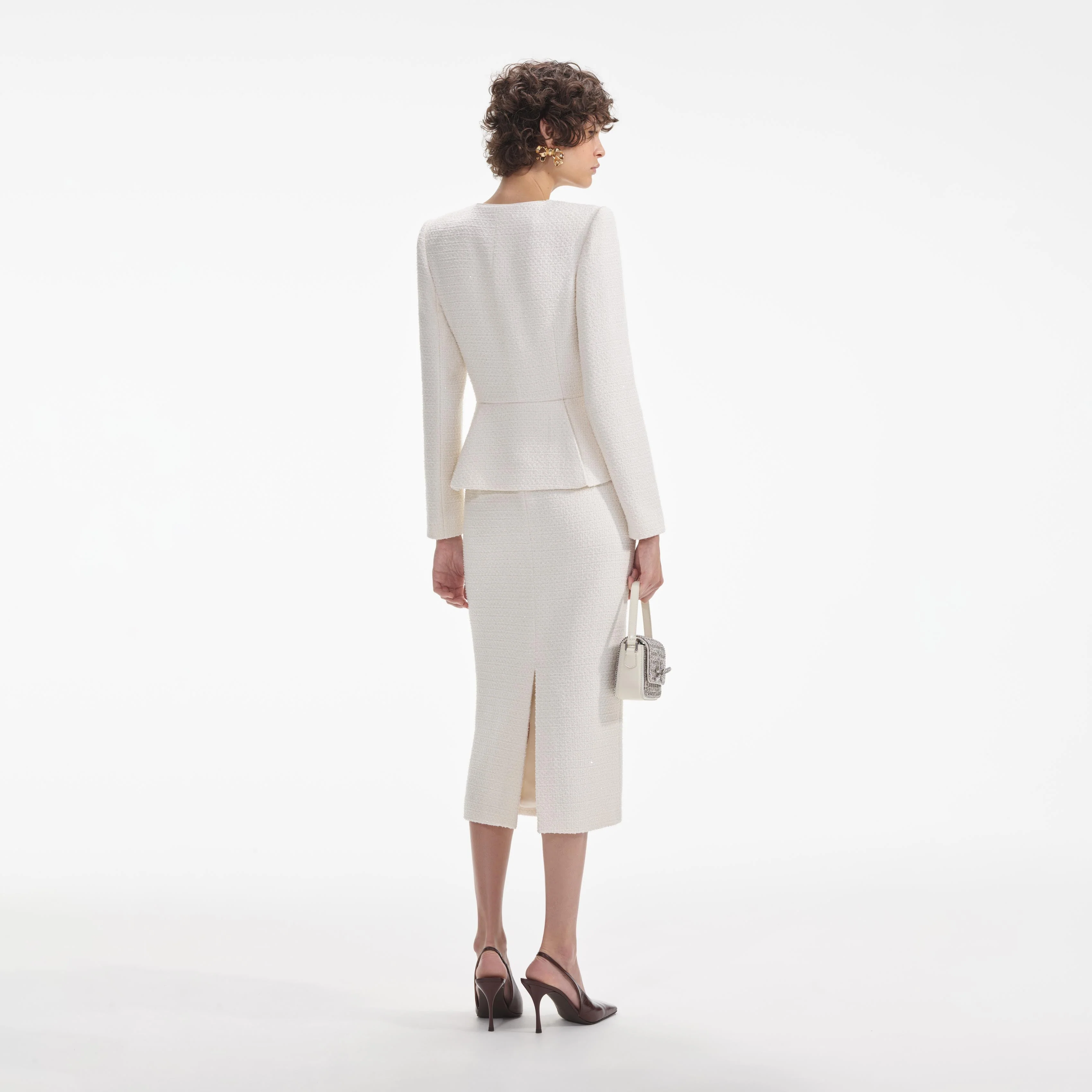 Cream Tinsel Boucle Midi Dress