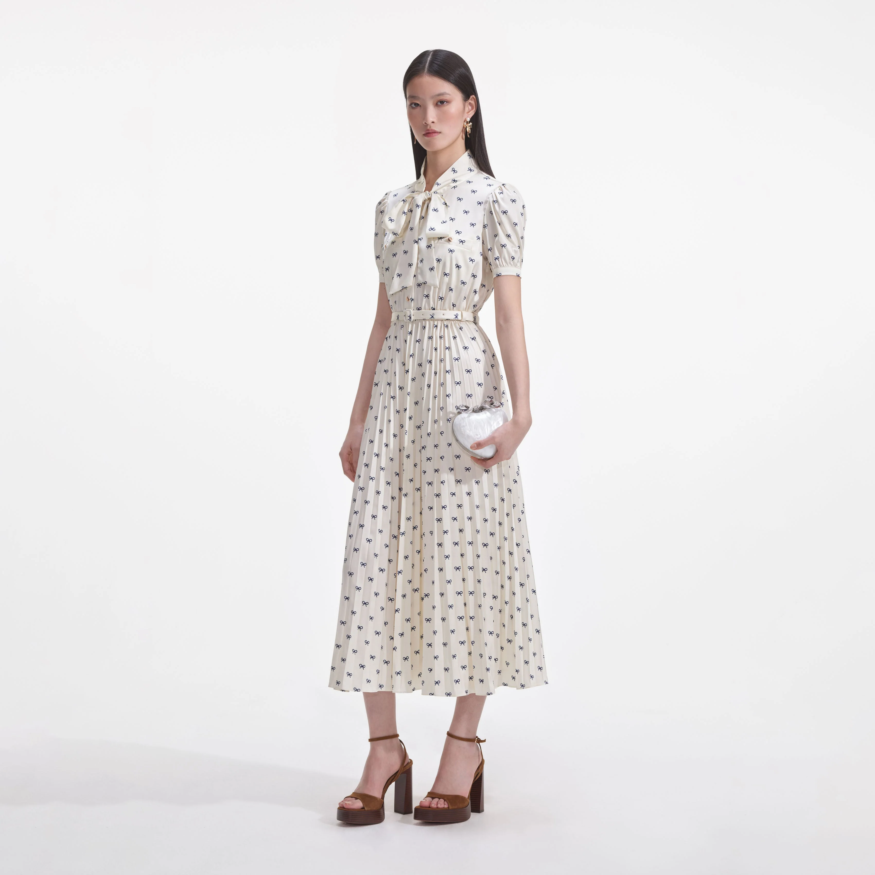Cream Satin Bow Print Midi Dress