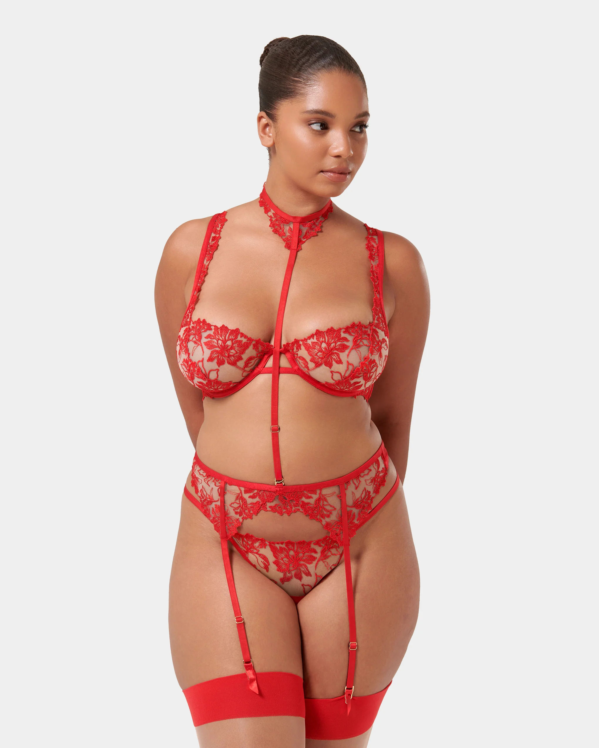 Samara Suspender Harness (with detachable collar) Red/Sheer