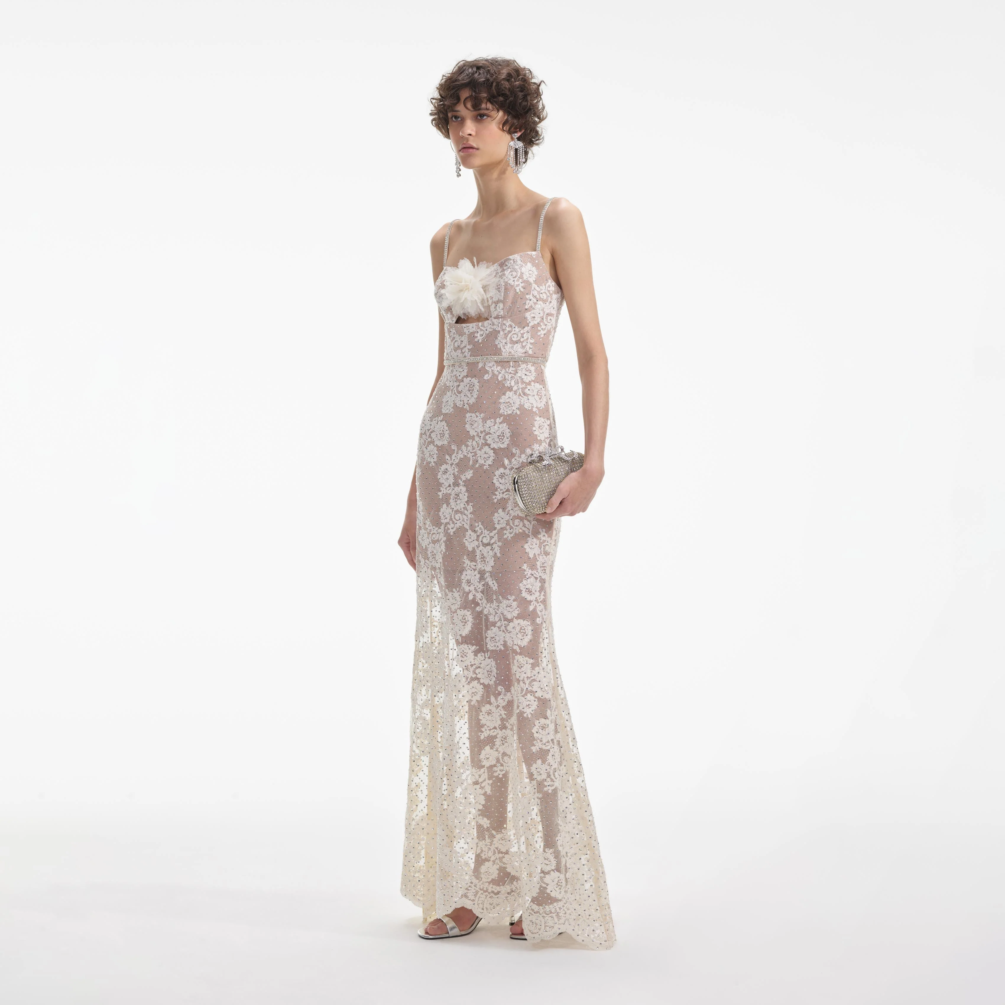 Cream Rhinestone Lace Maxi Dress