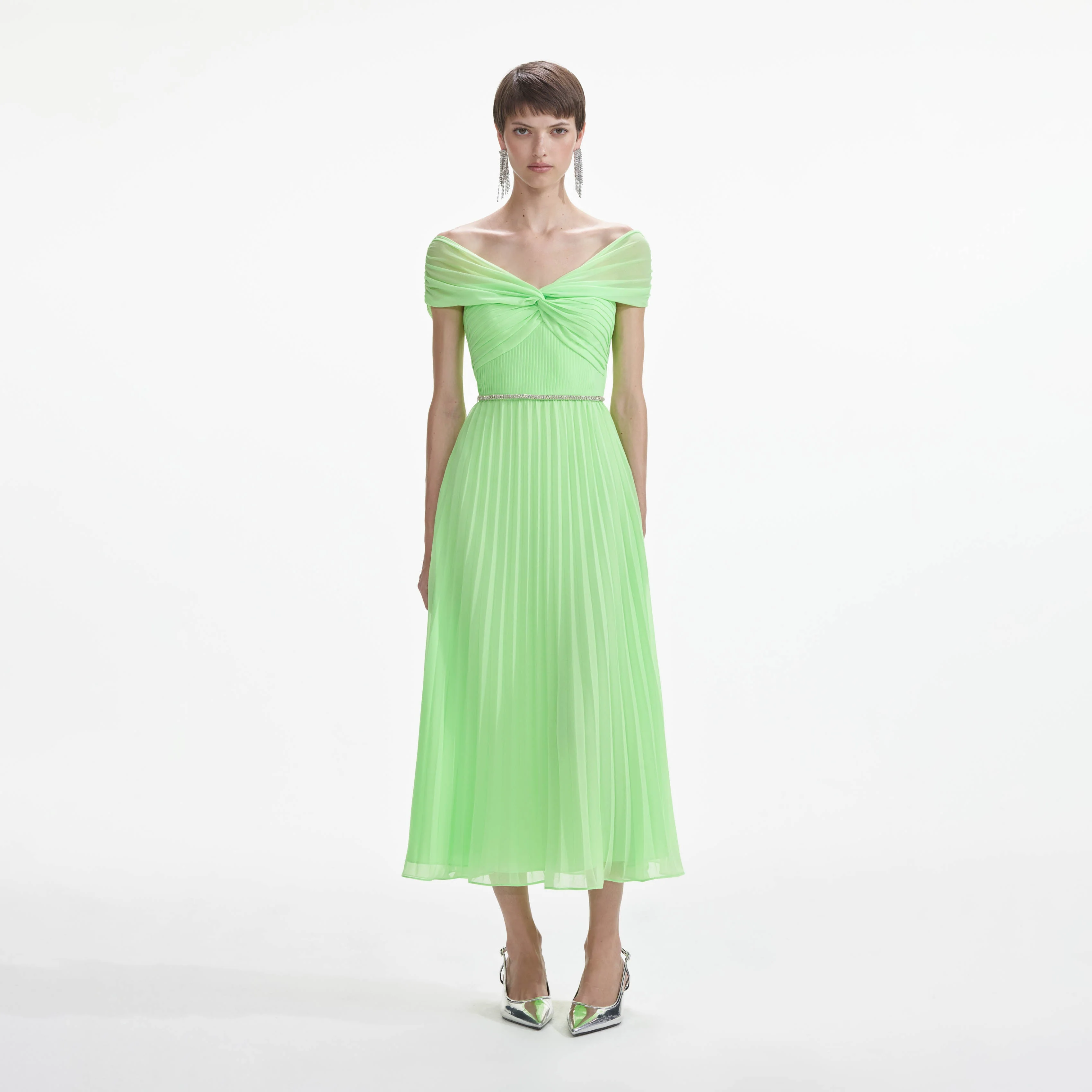 Green Off Shoulder Chiffon Midi Dress