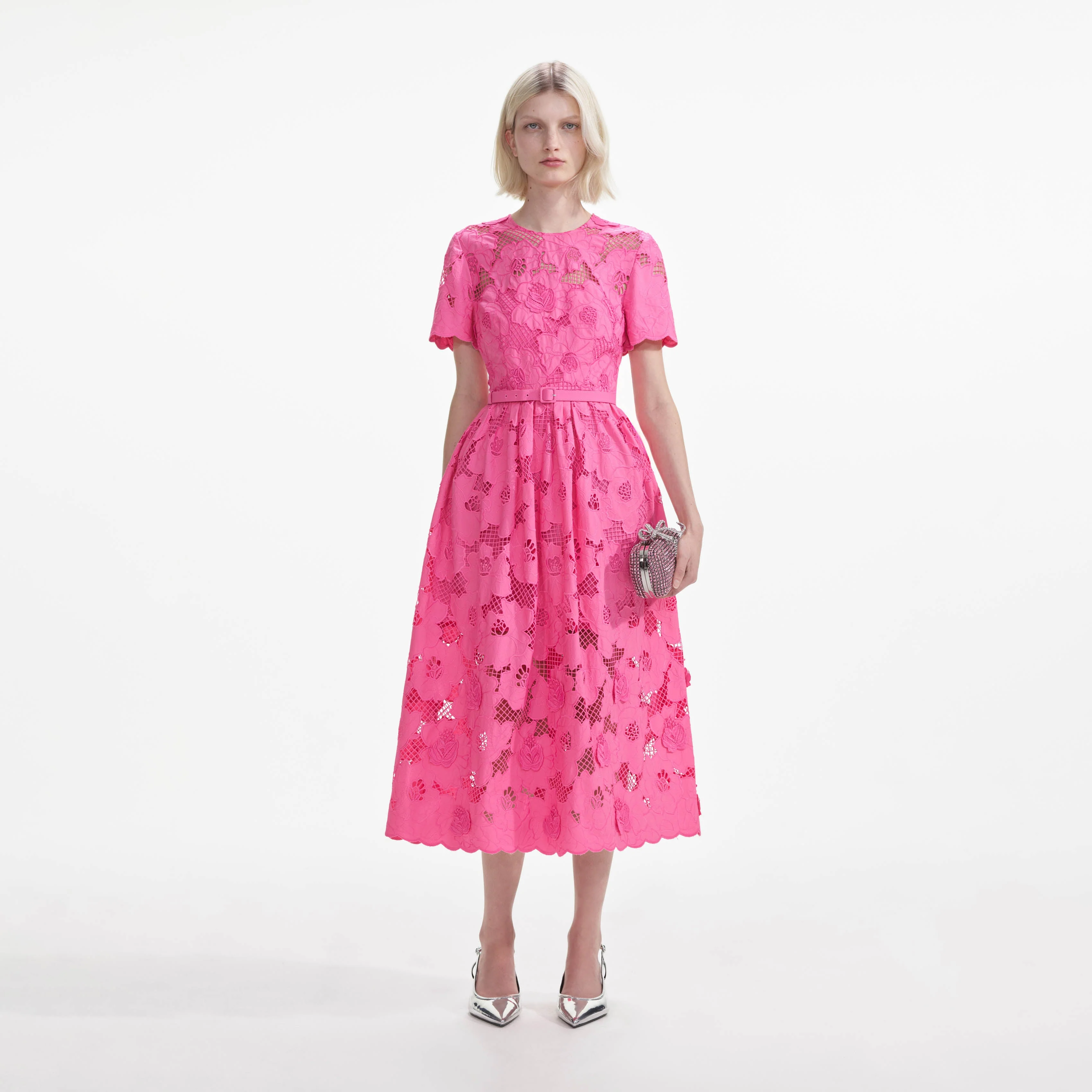 Pink Cotton Lace  Midi Dress