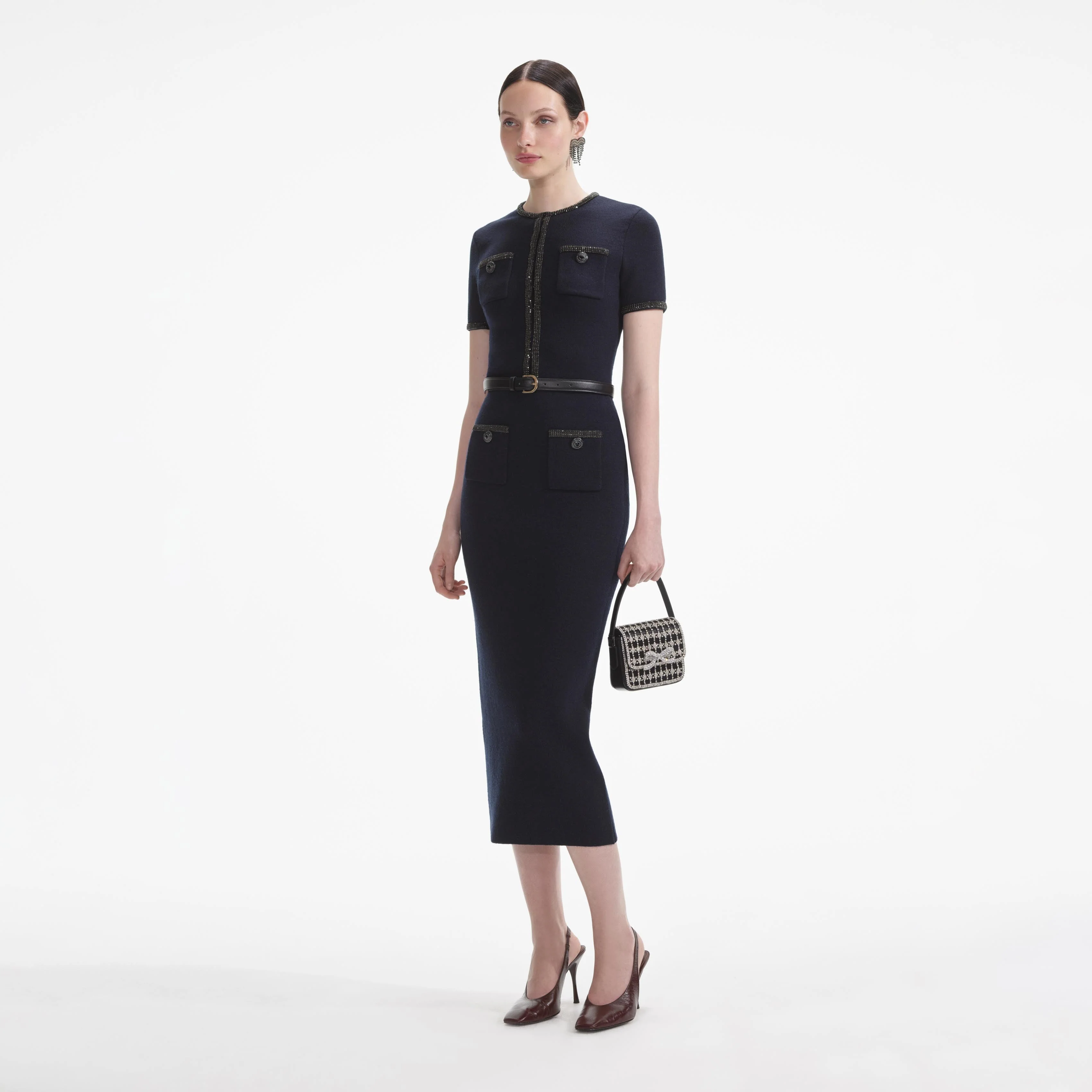 Navy Embellished Knit Midi Skirt