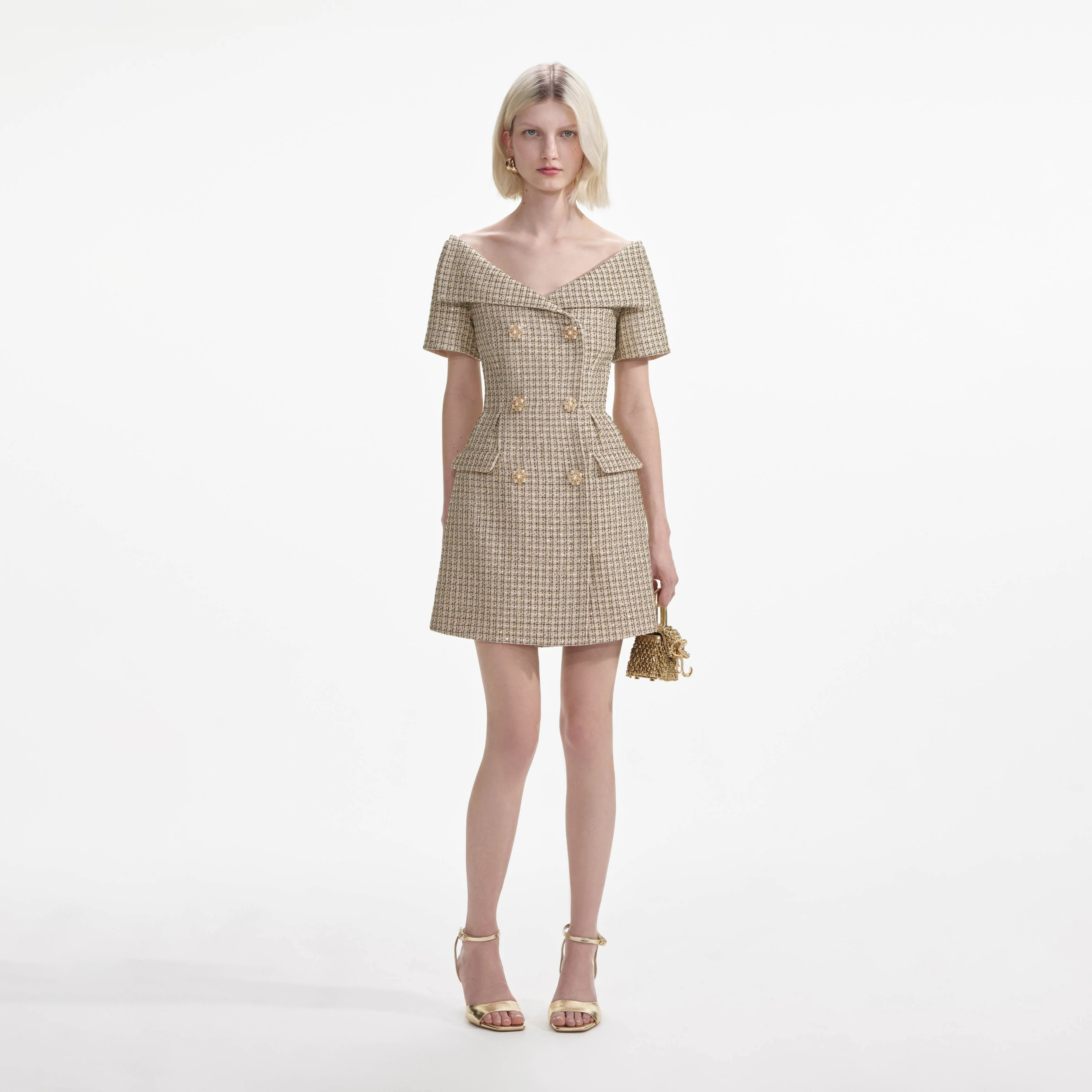 Gold Boucle Open Neck Mini Dress