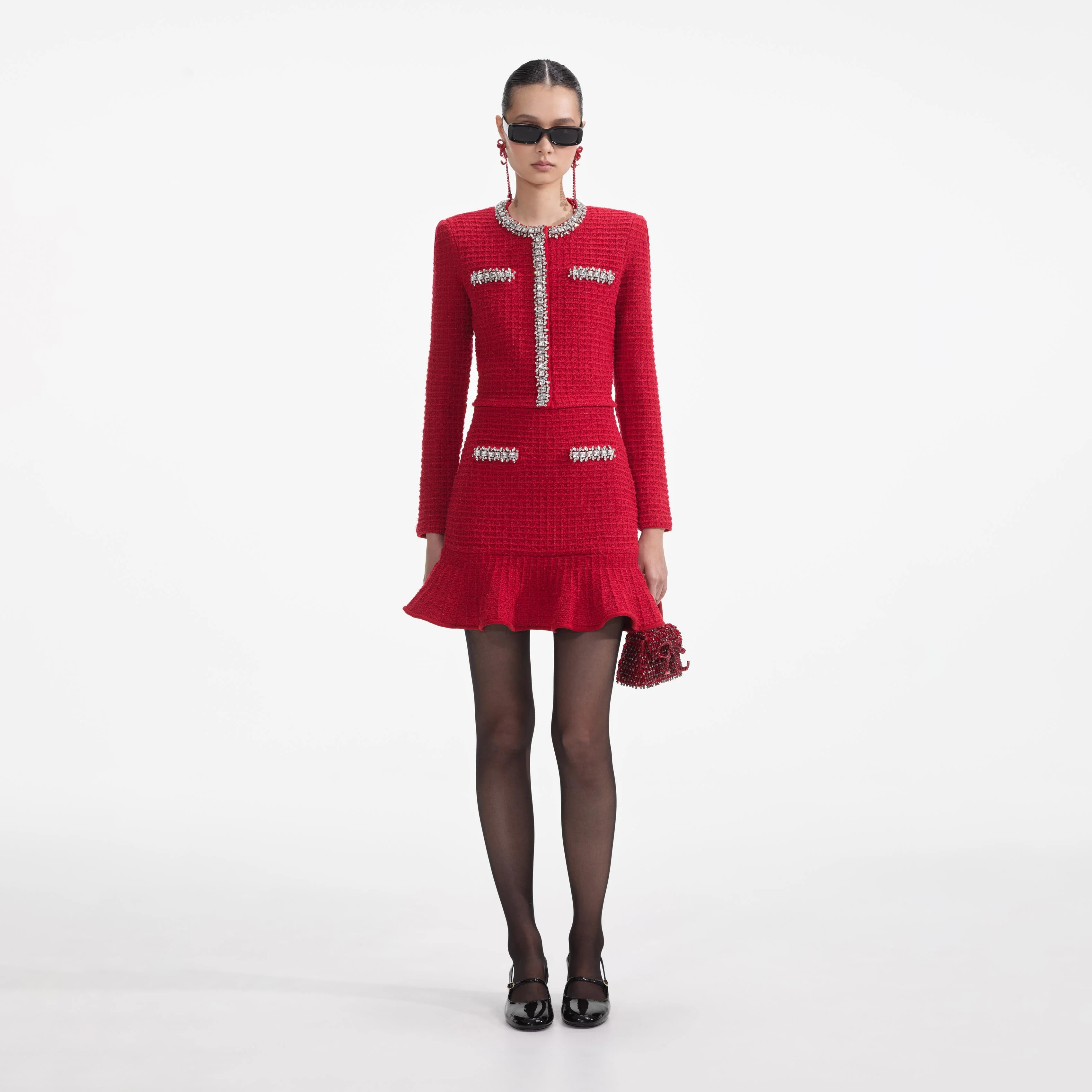 Red Textured Knit Mini Skirt