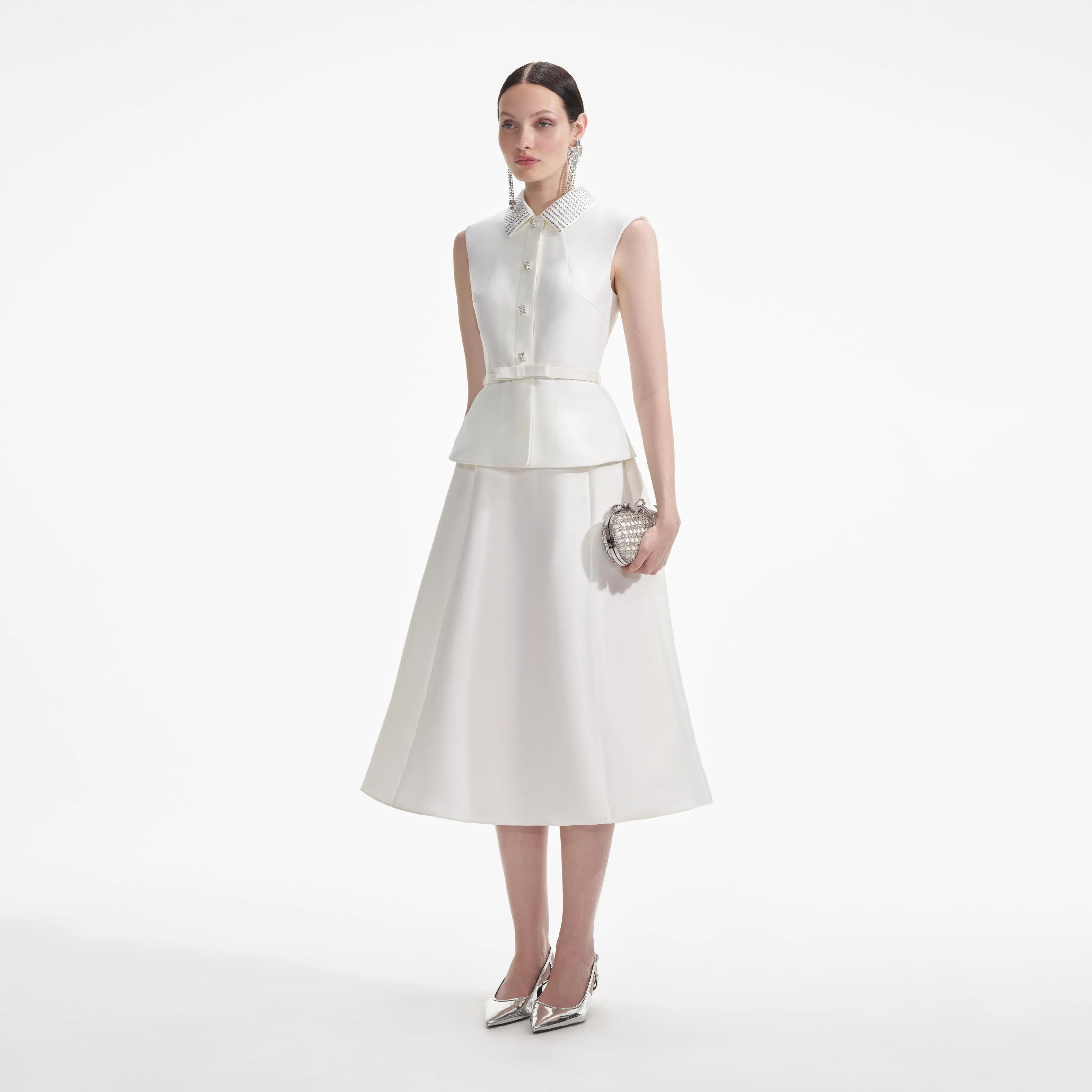 Cream Taffeta Diamante Midi Dress