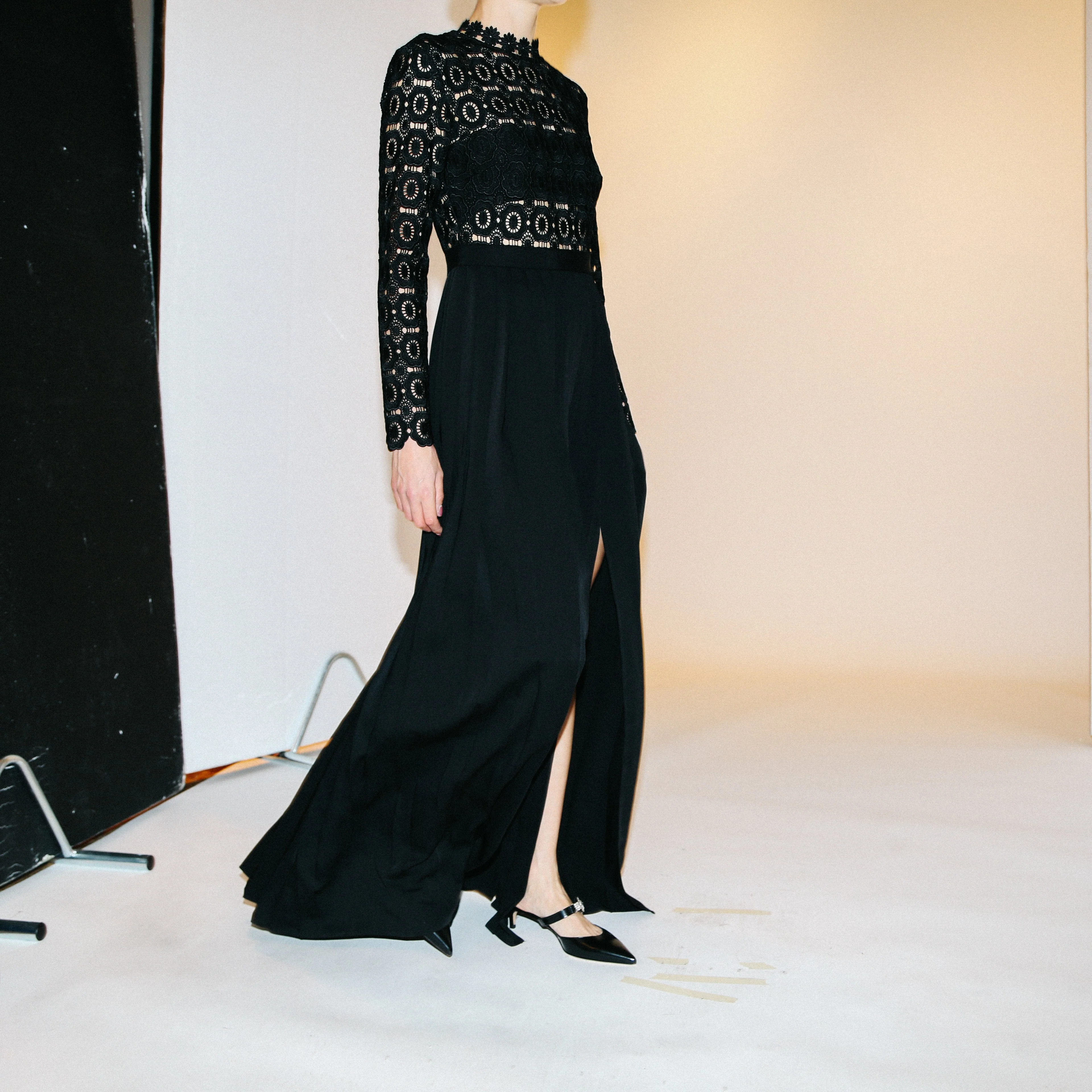 Pleated Crochet Floral Maxi Dress Black