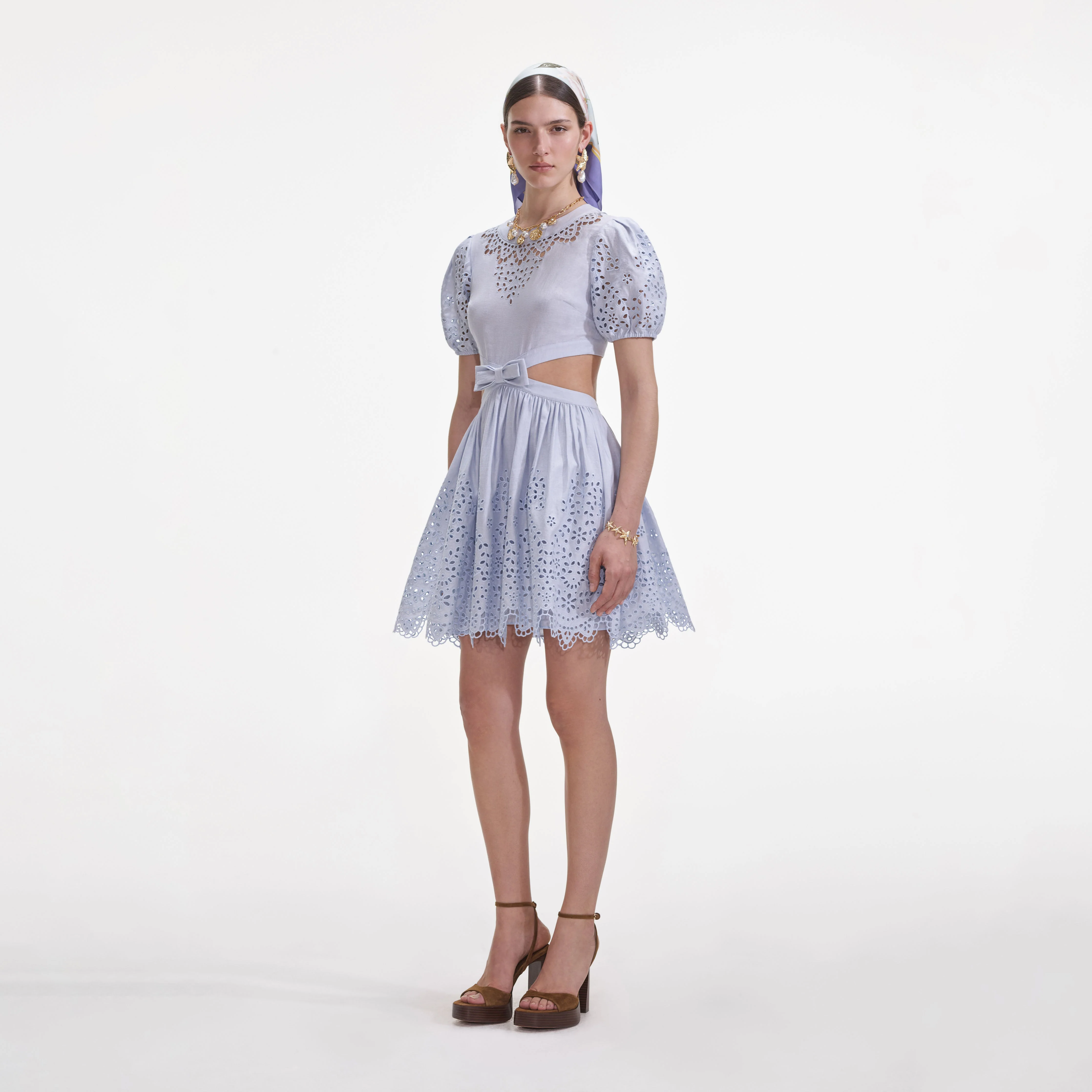 Blue Embroidered Linen Mini Dress