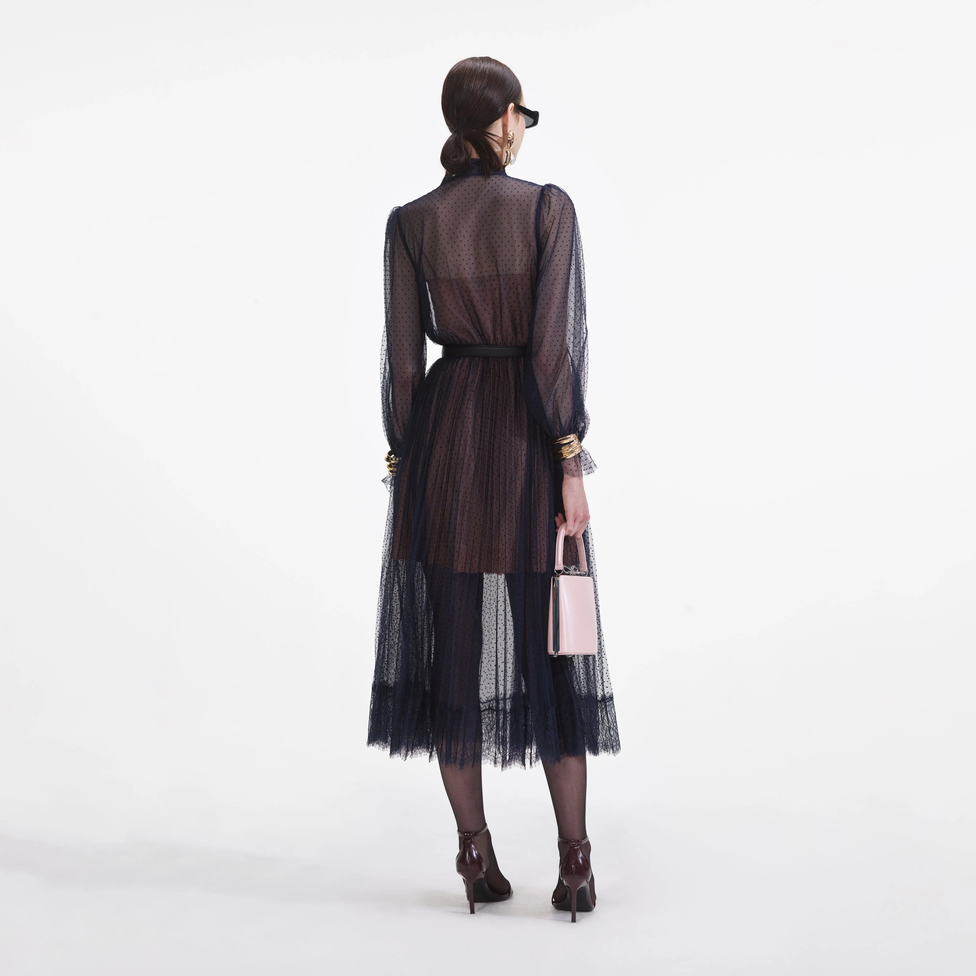 Navy Dot Mesh Midi Dress