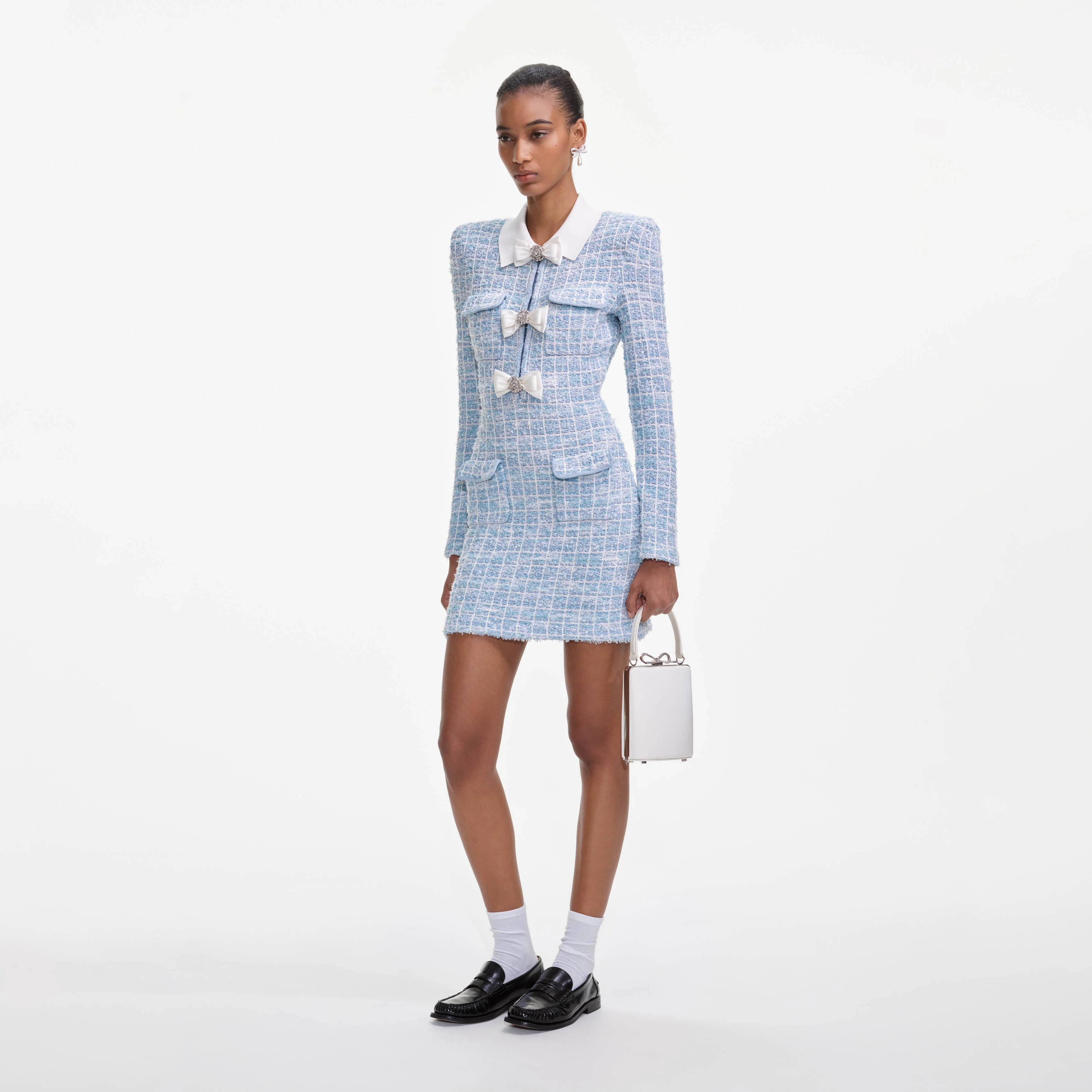 Blue Check Collared Knit Mini Dress