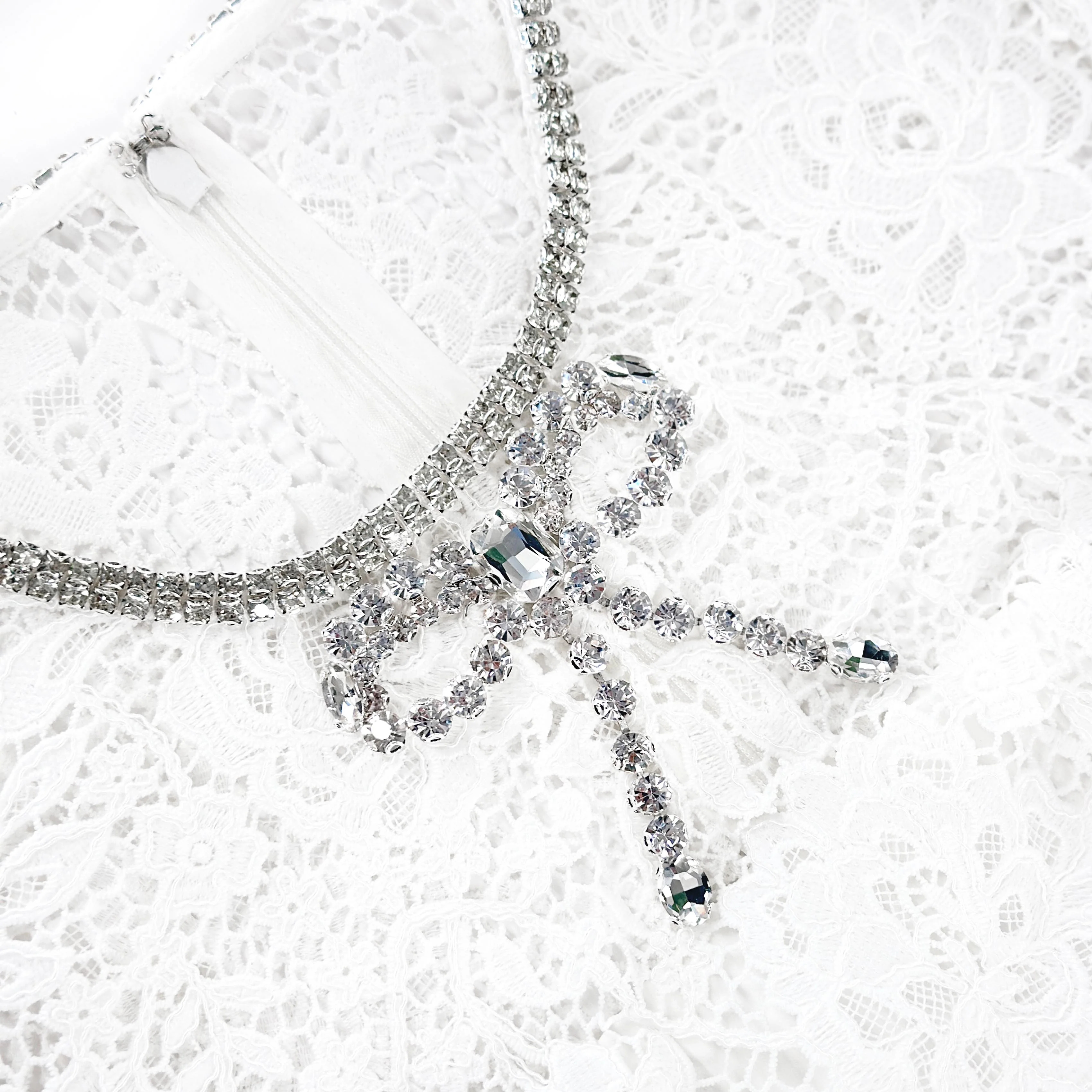 White Lace Diamante Mini Dress