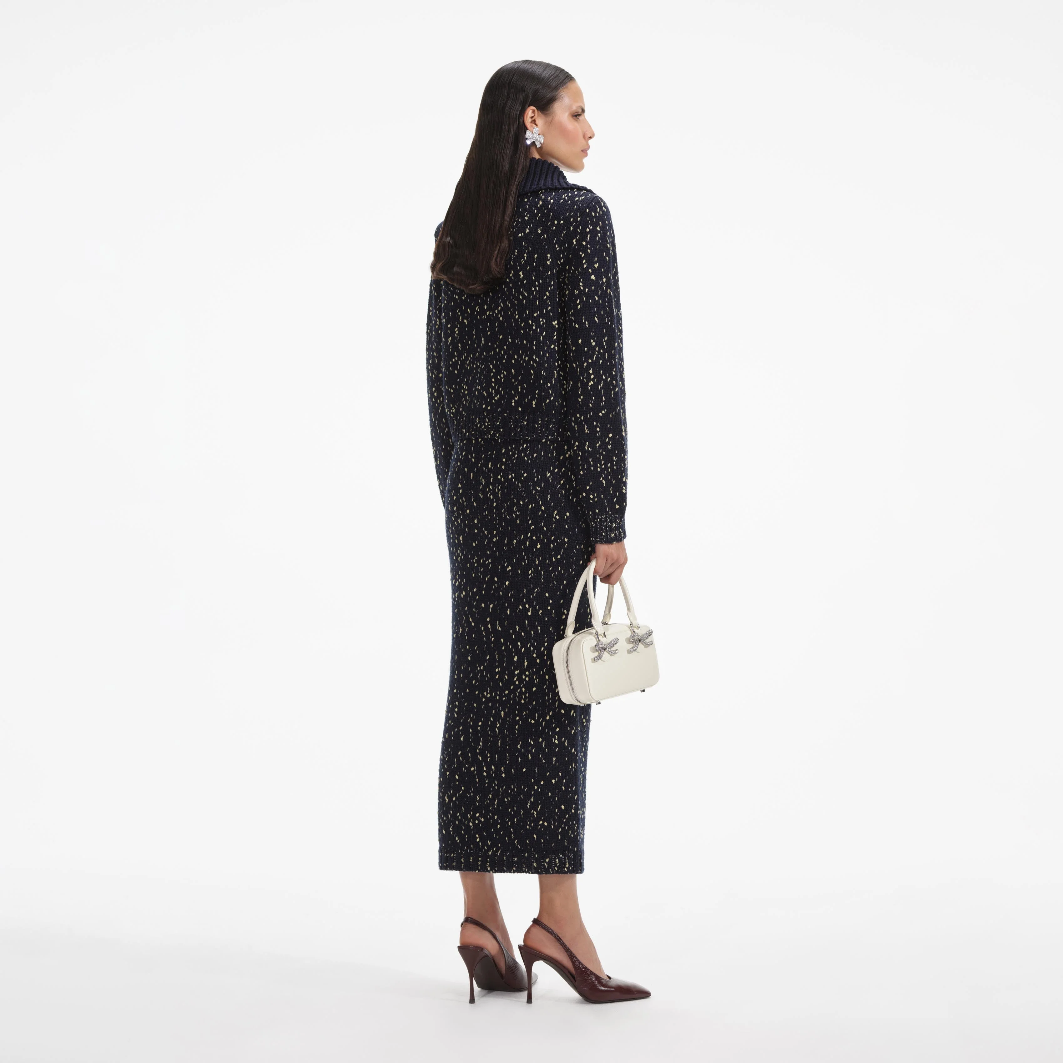 Navy Metallic Merino Knit Midi Skirt