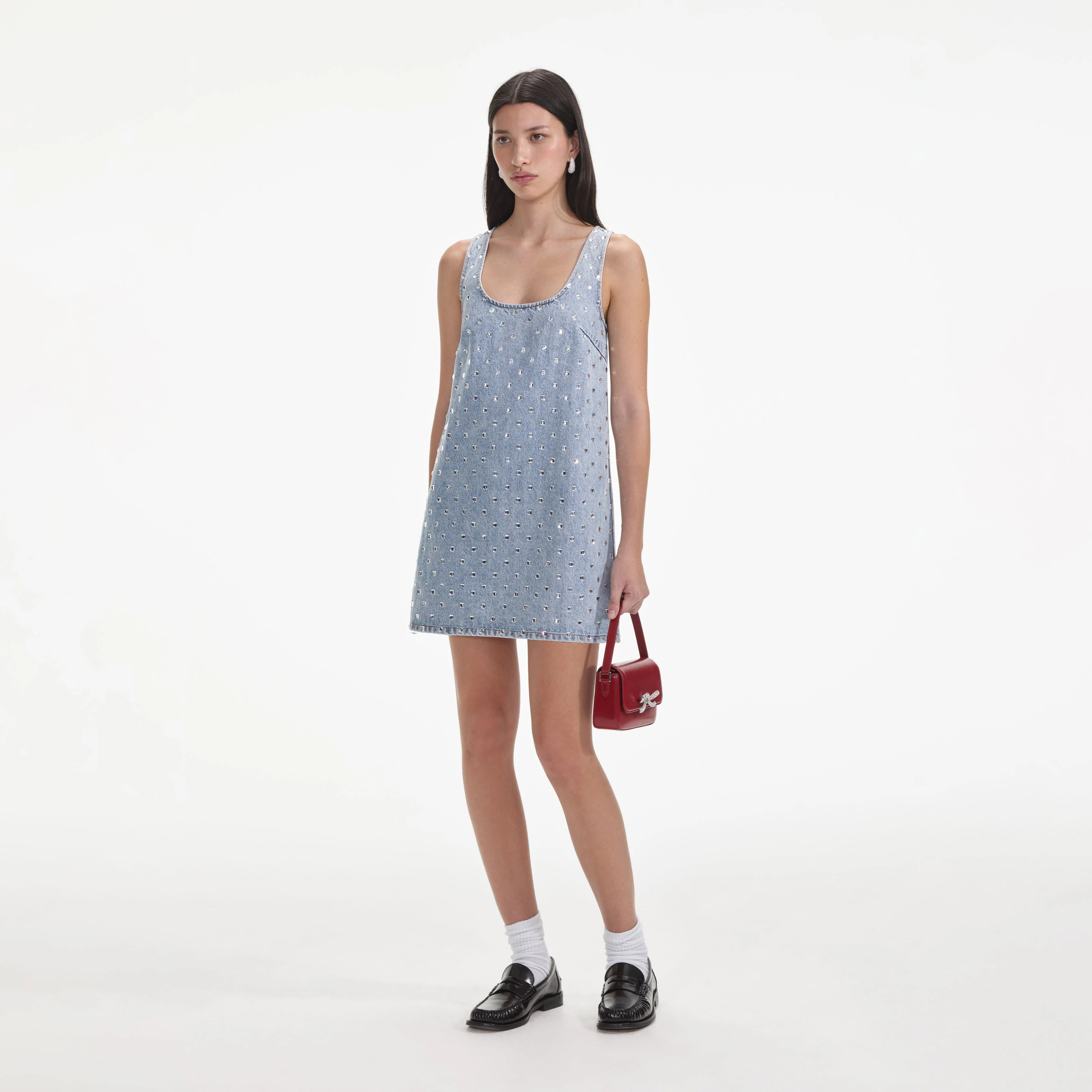 Square Rhinestone Denim Mini Dress