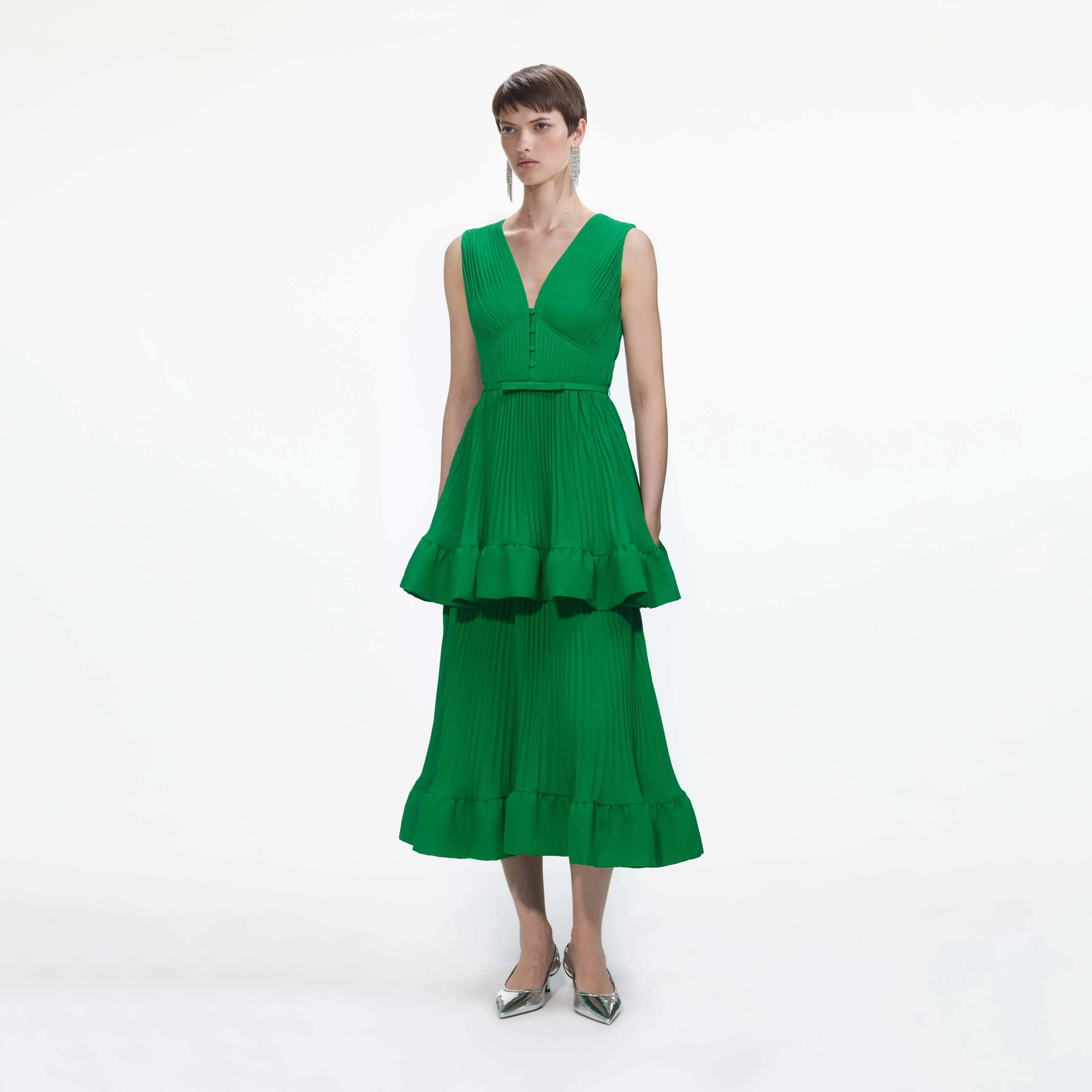 Green Tiered Chiffon Midi Dress