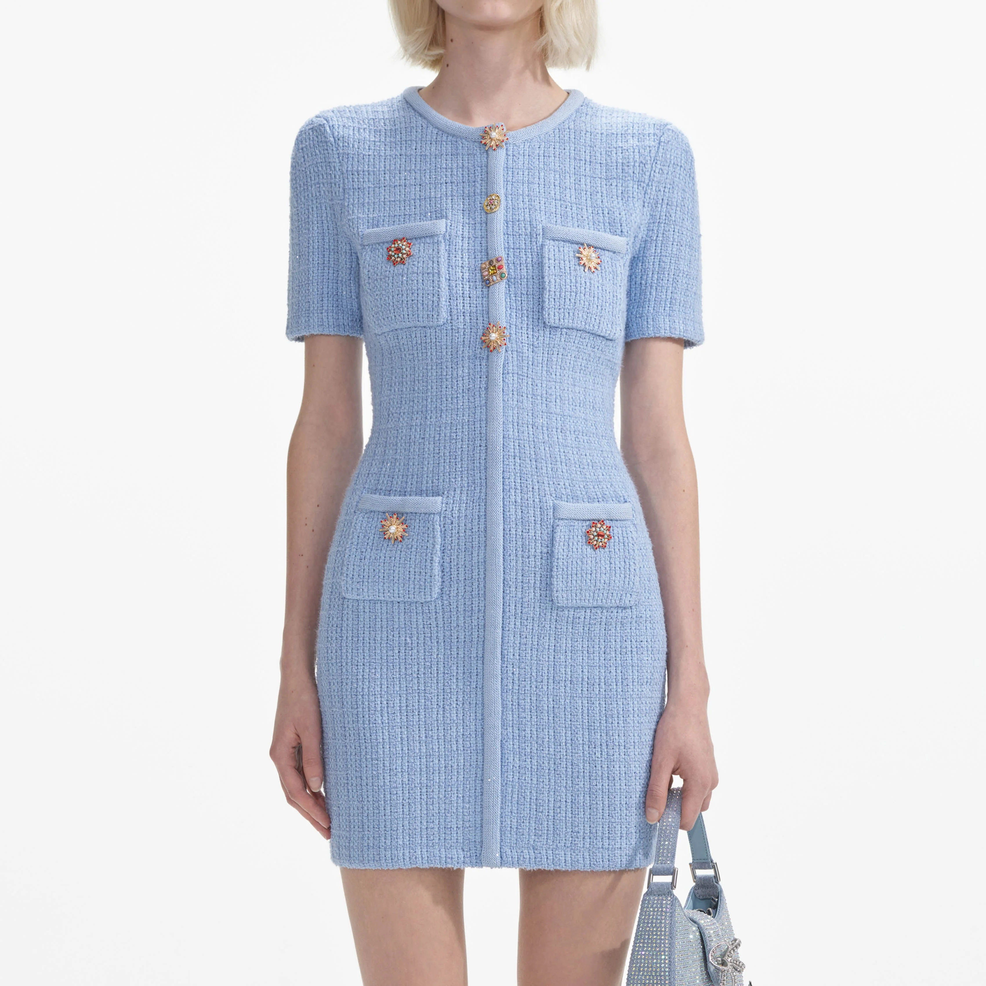 Blue Jewel Button Knit Mini Dress