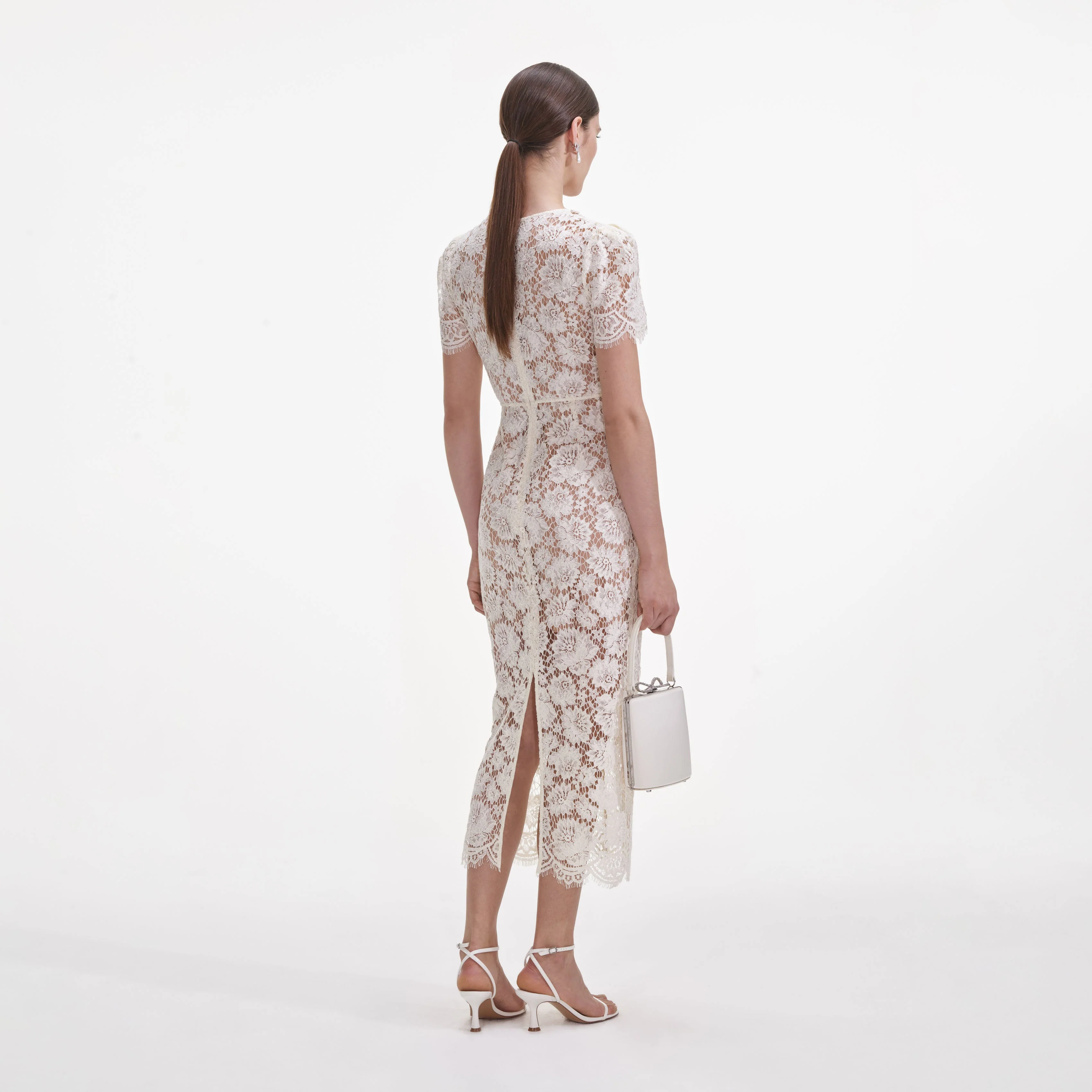 Cream Fine Lace Pearl Midi Dress