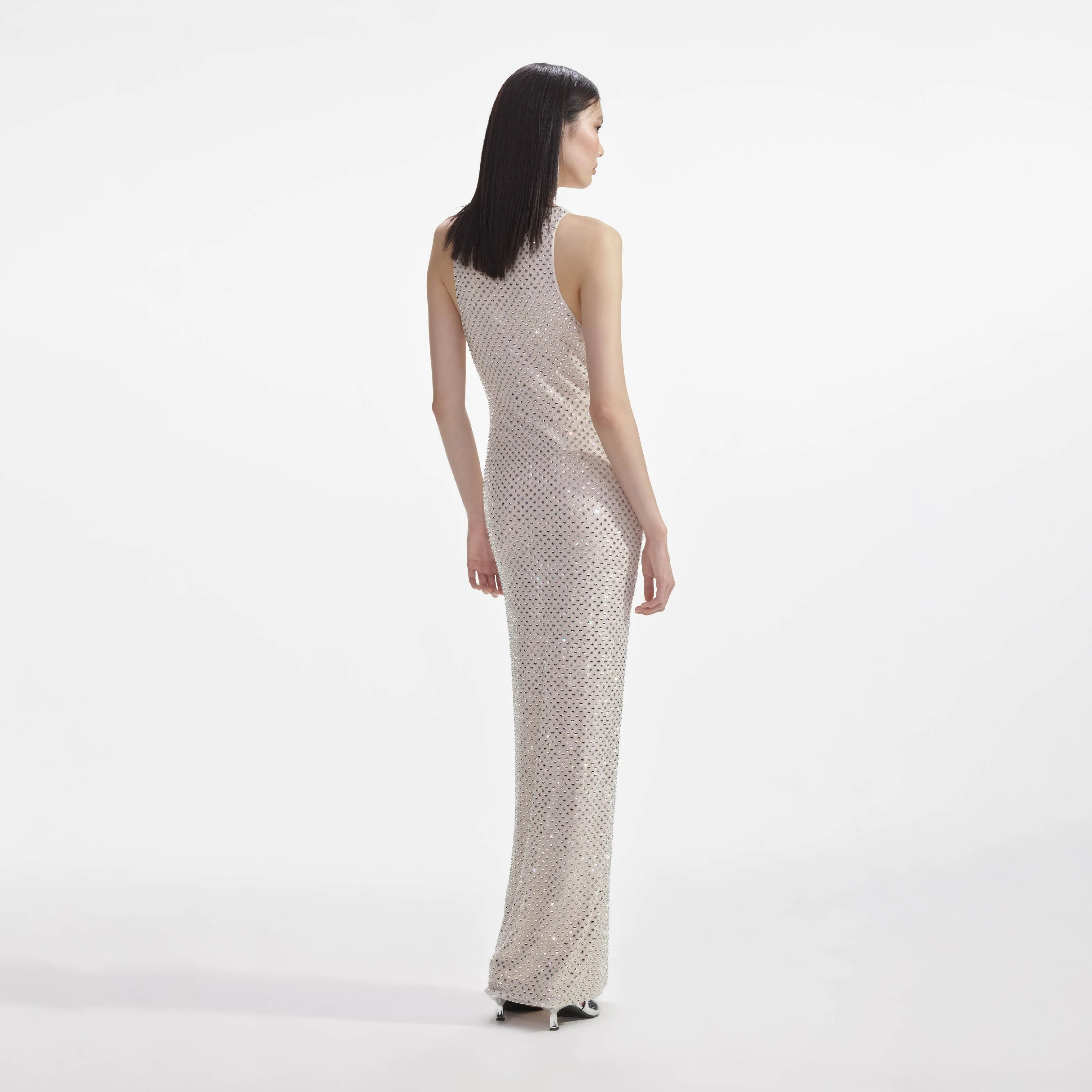 Cream Mesh Rhinestone Maxi Dress