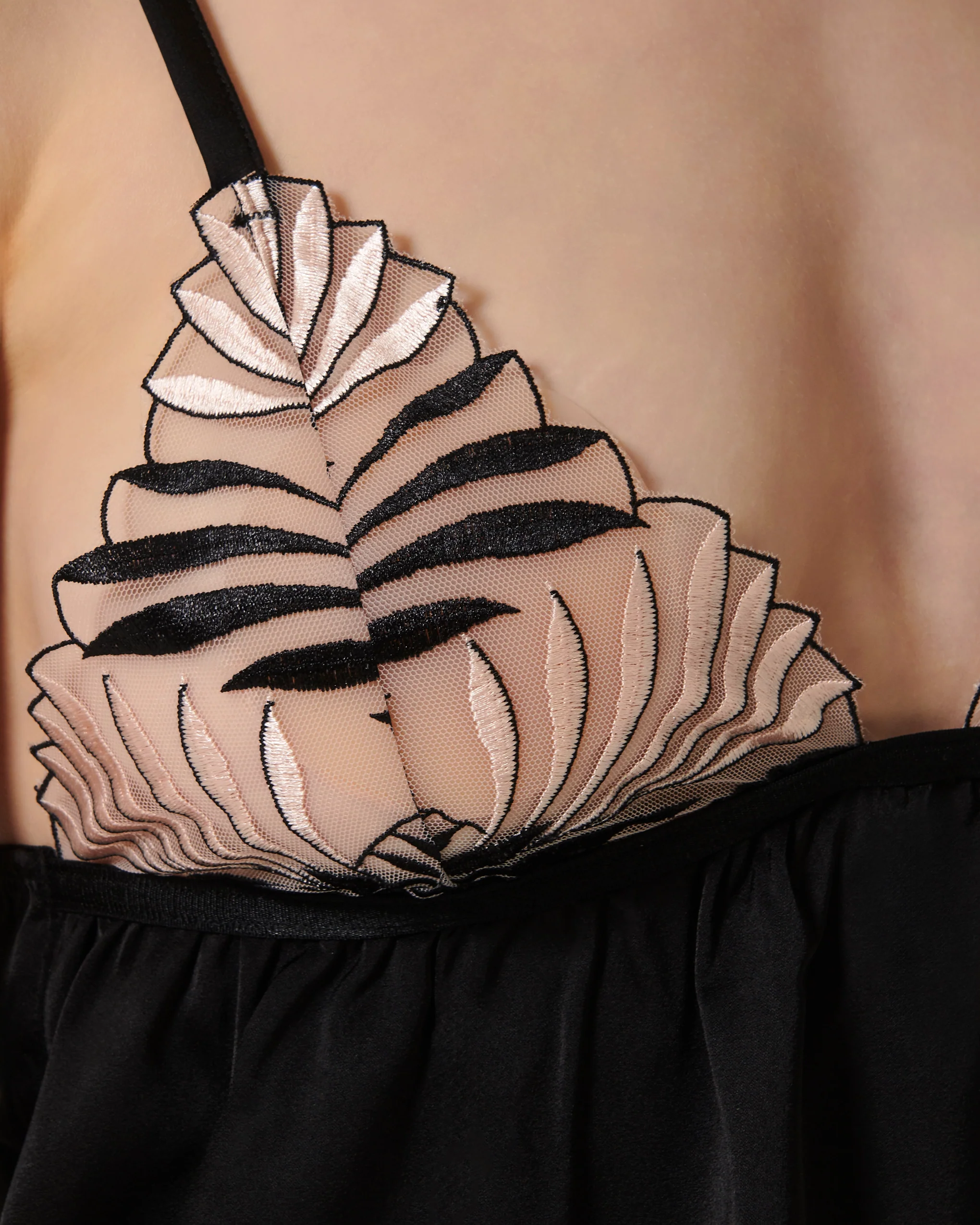 Katerine Luxury Satin Cami and Short Set Black/Pearl/Sheer