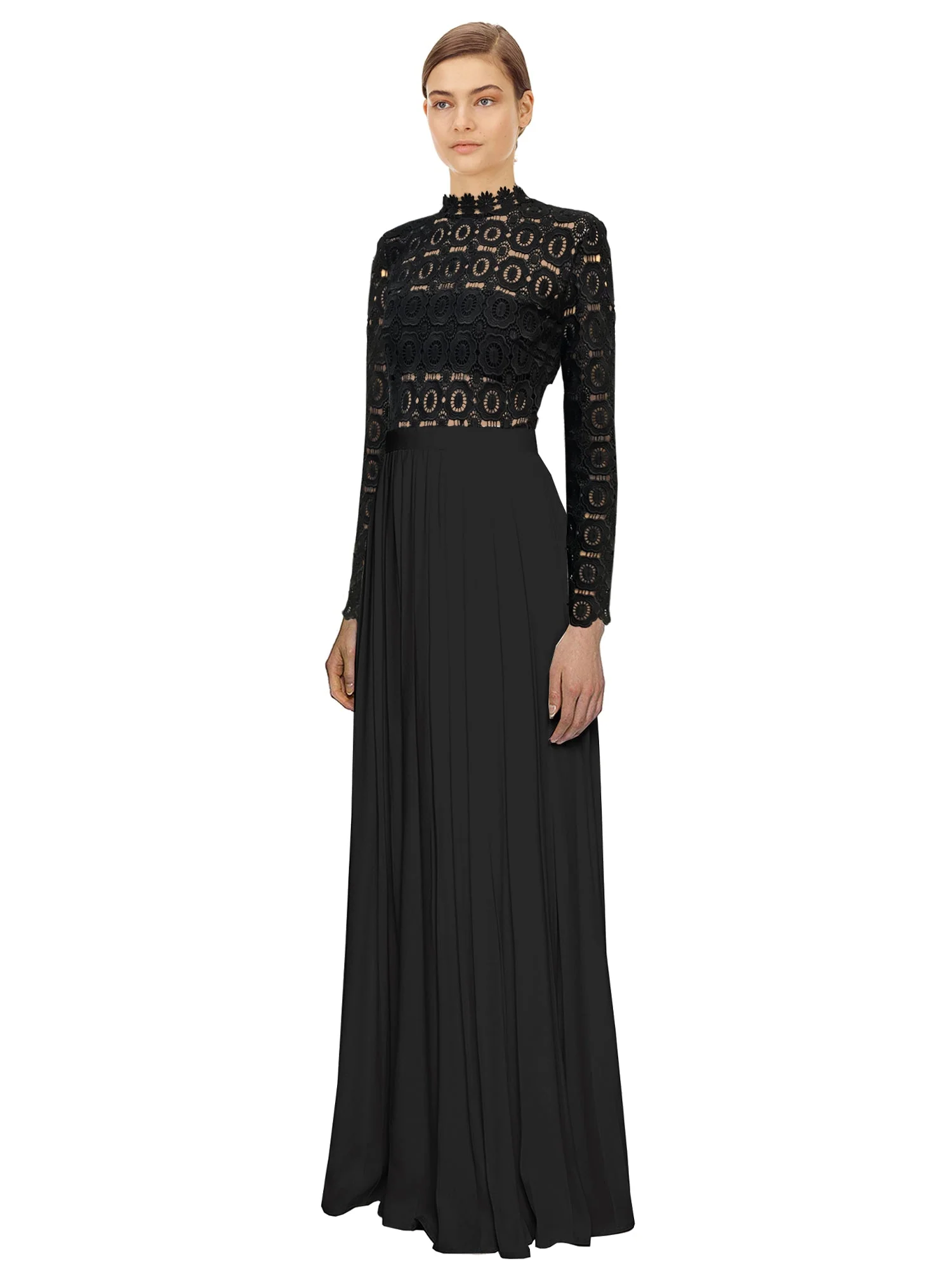 Pleated Crochet Floral Maxi Dress Black