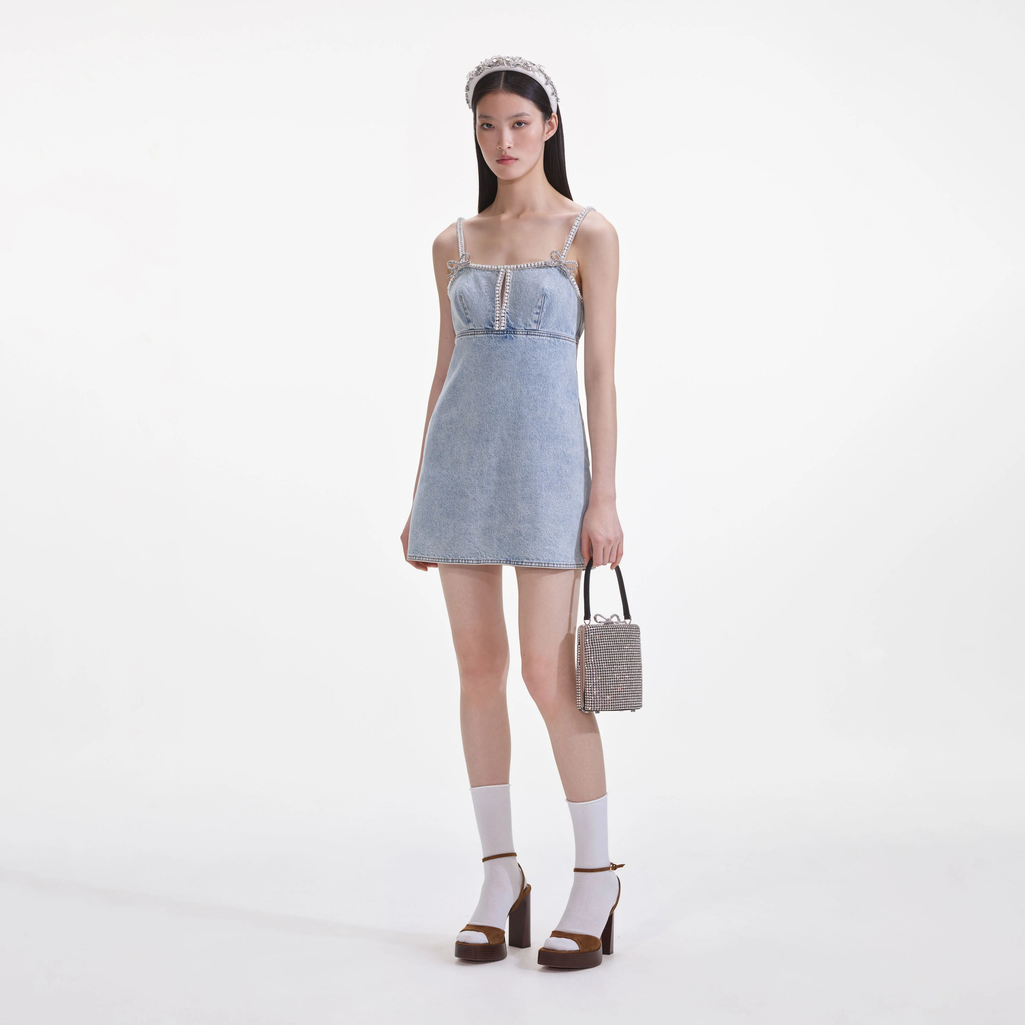 Light Blue Denim Pearl Mini Dress