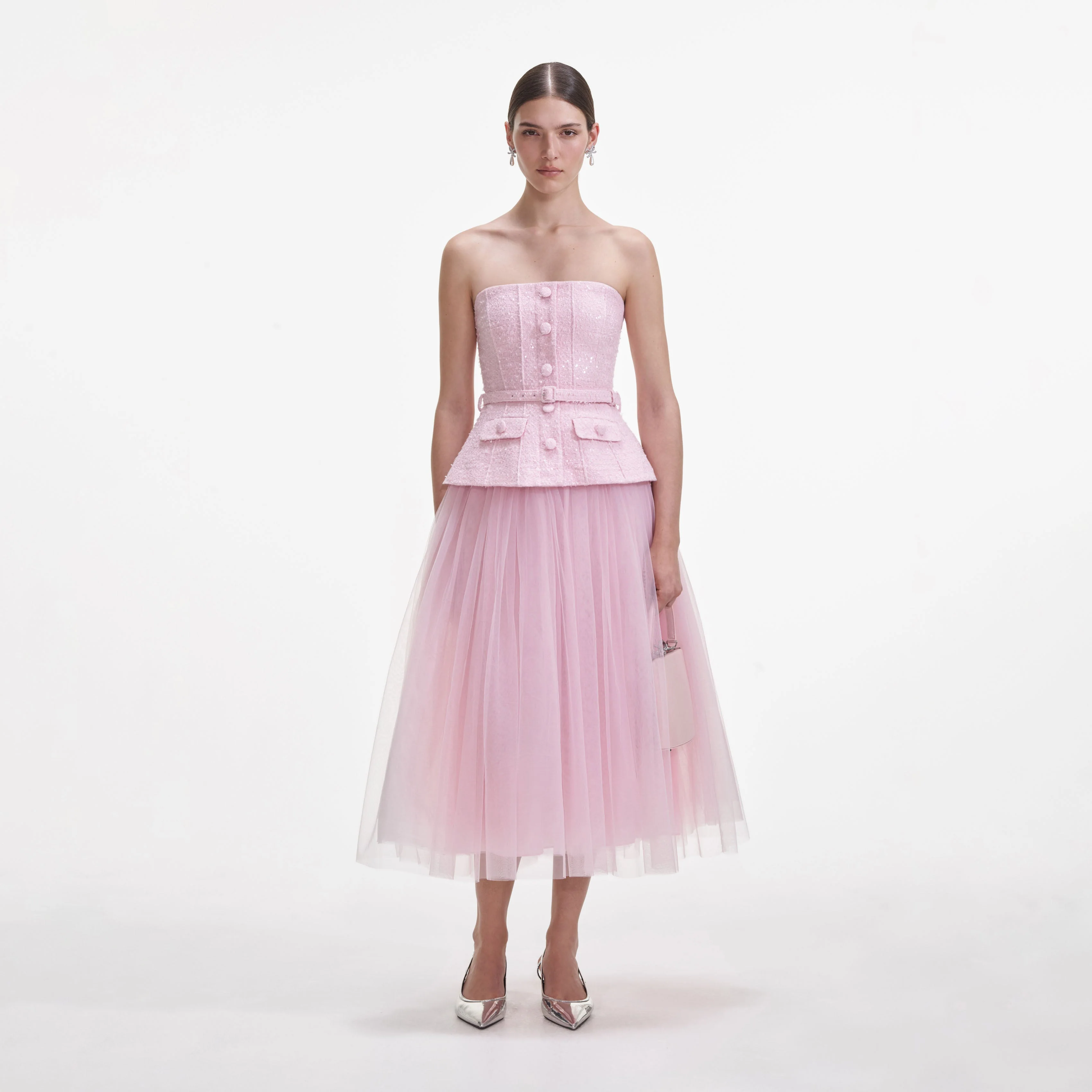 Pink Boucle Tulle Midi Dress