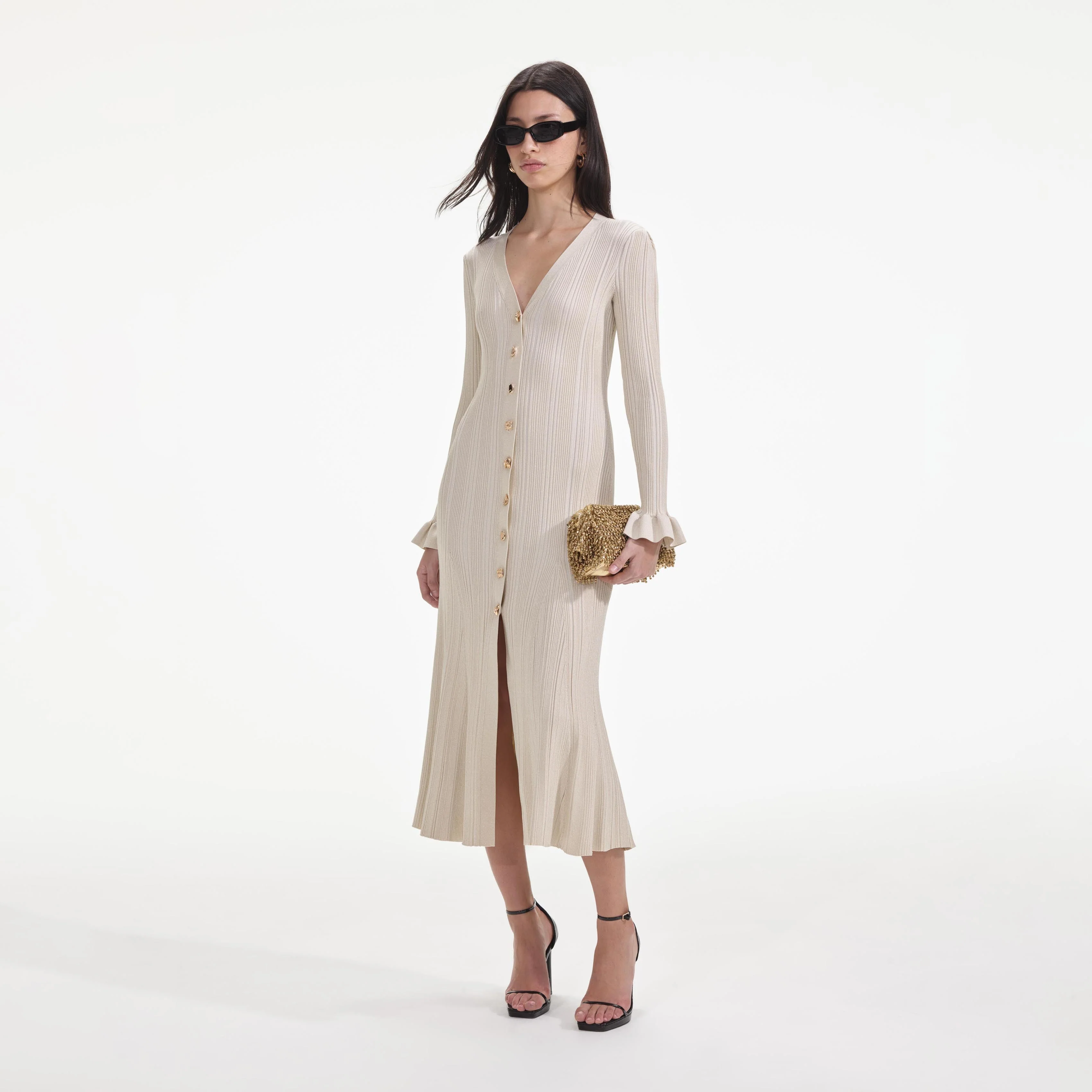 Cream Metallic Ribbed Midi Dress