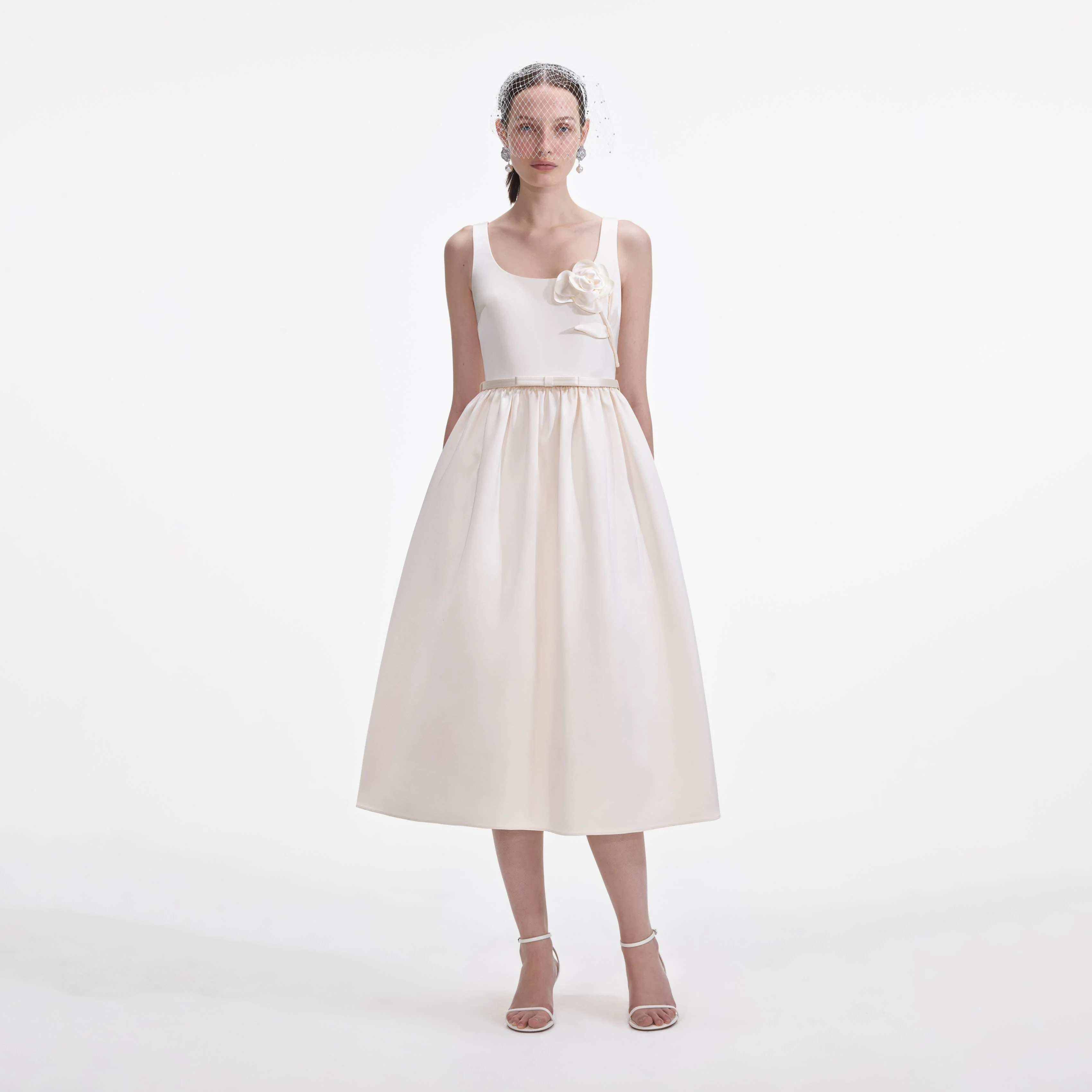 Cream Satin Flower Midi Dress